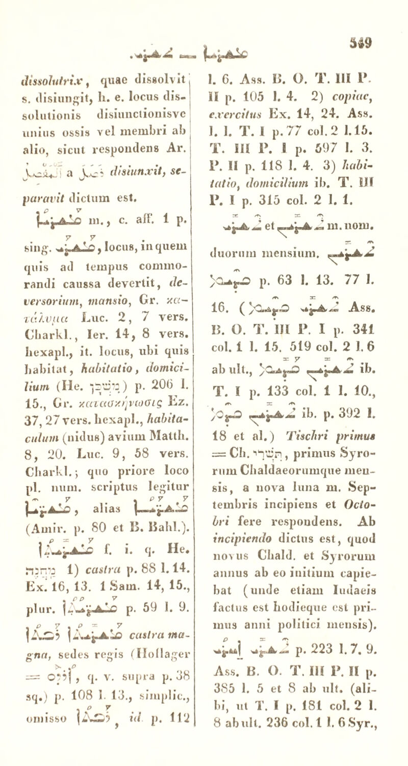 3*9 dissolutrix) quae dissolvit, s. disiungit, li. e. locus dis- solutionis disiunctionisvc unius ossis vel membri ab alio, sicut respondens Ar. a yji disiunxit, se- paravit dictum est. . P V m., c. afF. 1 p. v v sing. , locus, mquem quis ad tempus commo- randi caussa devertit, de- versorium, mansio, Gr. xcc- zcXvuu Luc. 2, 7 vers. Cbarkl., Ier. 14, 8 vers. iiexapl., it. locus, ubi quis babitat, habitatio, domici- lium (Ile. d?:) p. 206 1. 15., Gr. xcactu-/:/']VioOiQ Ez. 37, 27 vers. hexapl., habita- culum (nidus) avium Mattii. 8, 20. Luc. 9, 58 vers. Cbarkl.; quo priore loco pl. nuin. scriptus legitur , - 7 , . p v y (^»£▲13, alias .'rA~ (Amir. p. 80 et 15. ISahl.). f. i. q. He. nanw 1) castra p. 88 1.14. Ex. 16, 13. 1 Sam. 14, 15., plur. | ' -'t' A ‘- p. 59 1. 9. . e 7 . P = 7 castra ma- gna, sedes regis (Hollager = 05?! , q. v. supra p. 38 sq.) p. 108 1. 13., simplic., , O 7 omisso 5 id p. 112 I. 6. Ass. 15. O. T. 111 P II p. 105 I. 4. 2) copiae, exercitus Ex. 14, 24. Ass. 1. 1. T. 1 p. 77 coi. 2 1.15. T. 111 P. 8 p. 597 I. 3. P. II p. 118 1. 4. 3) habi- tatio, domicilium ib. T. III P. 1 p. 315 coi. 2 I. 1. re m /rs J et J. m.uom. 32 /TS duorum mensium, >a*JLo p. 63 1. 13. 77 1. 16. ( ASS, 15. O. T. III P. I p. 341 coi. 1 1. 15. 519 coi. 2 1.6 y 3= —» ab ull., A-ib. T. I p. 133 coi. 1 1. 10., yC^S) —ib. p. 392 I. 18 et al.) Tiscliri primus = Cii. , primus Syro- rum Cbaldaeorumque men- sis, a nova luna m. Sep- tembris incipiens et Octo- bri fere respondens. Ab incipiendo dictus est, quod no\ us Chald. et Syrorum annus ab eo initium capie- bat (unde etiam Iuuaeis factus est hodieque est pri- mus anni politici mensis). p. 223 1.7. 9. Ass. 15. O. T. III P. II p. 3S5 1. 5 et 8 ab ult. (ali- bi, ut T. I p. 181 coi. 2 1.