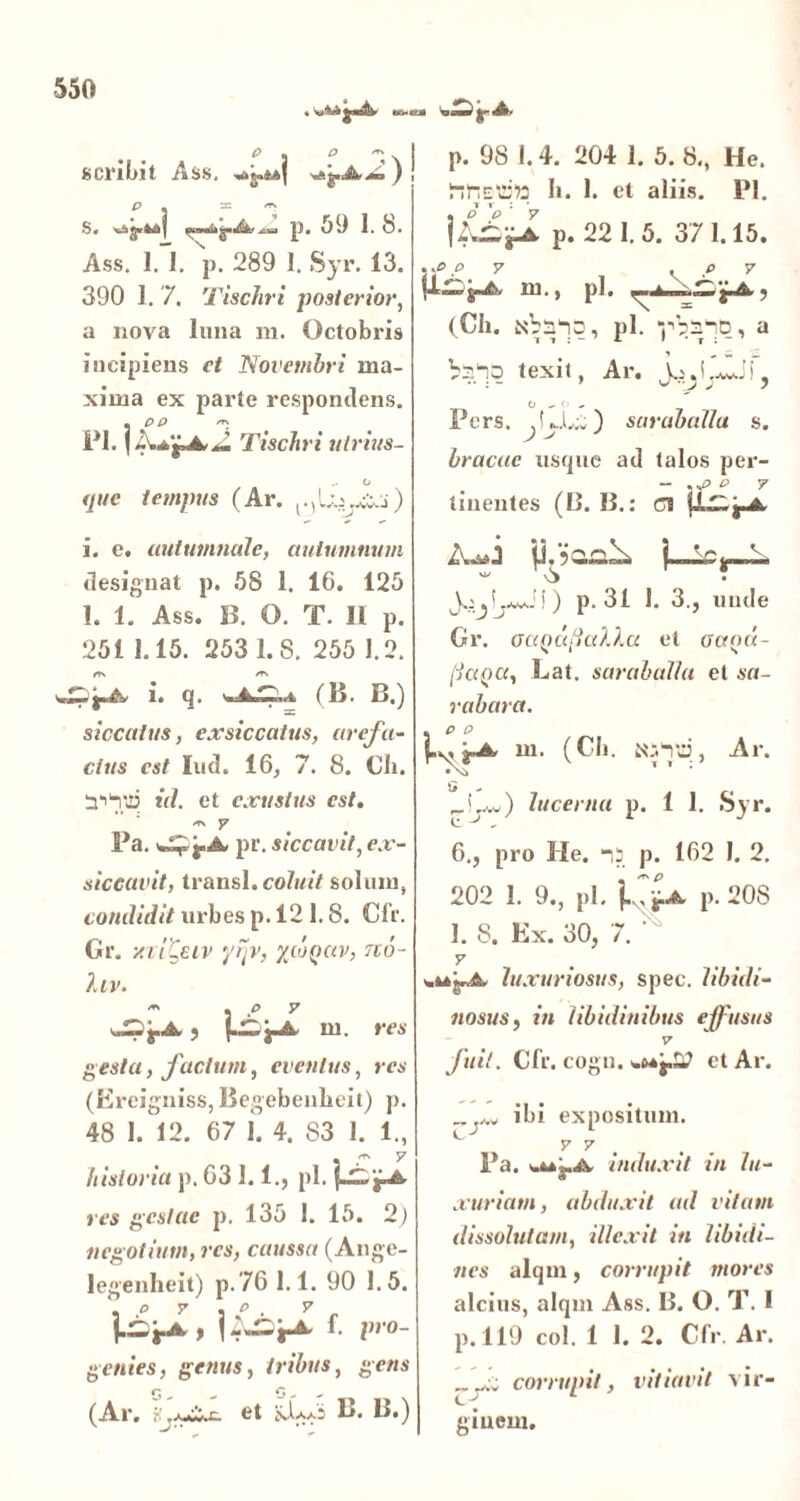 i \ I SCrib.lt AS8j ^J«4A| ) i p \ = ^ S. \ib^v&4l| ^_j |)a l)9 I. <S. Ass. 1. 1. p. 289 1. Syr. 13. 390 1. 7. Tiscliri posterior, a nova luna m. Octobris incipiens cf Novembri ma- xima ex parte respondens. Pl. j A Tiscliri utrim- que tempus (Ar. ) p. 98 1.4. 204 1. 5. 8., He. h. 1. et aliis. Pl. l r : 1 L&fl p. 22 1.5. 371.15. j -P p 7 .07 m., pl. 'j-A.5 (Ch. pl. •pro^D, a j * z. iX texit, Ar. 0  ' Pers. saraballa s. bracae usque ad talos per- - .J> P 7 tinentes (C. B.: a i. e. autumnale, autumnum designat p. 58 1. 16. 125 1. 1. Ass. 13. O. T. II p. 251 1.15. 253 1.8. 255 1.2. Zrr*. i. q. (B. B.) siccatus, exsiccatus, arefa- ctus est Iud. 16, 7. 8. Cii. id. et exustus est. • 7 Pa. pr. siccavit, ex- siccavit, transi, coluit solum, condidit urbes p. 12 1.8. Cfr. Gr. xiifiv yrjv, /loQCtv, no- hv. m. res gesta, facium, eventus, res (Ercigniss, Begebenlieit) p. 48 1.12. 67 i. 4. 83 1. 1., 5 r 7 historia p. 63 1. 1., pl. res gestae p. 135 1. 15. 2) negotium, res, caussa (Ange- legenheit) p.76 1.1. 90 1.5. , o 7 . P , 7 f- Ve- gentes, genus, iribus, gens G - ^ 0 * (Ar. et 1>. 13.) is*—L ^ v> ^.wJ () p. 31 1. 3., unde Gr. OdQalialXa et octoct- [jc<QU, Lat. saraballa et sa- rabara. . o p m. (Ch. Ni-vd, Ar. r Lv.) lucerna p. 1 1. Syr. 6., pro He. n; p. 162 I. 2. 202 1. 9., pl. ]..?£*, p. 20S 1. S. Ex. 30, 7. ^ 7 luxuriosus, spec. libidi- nosus, in libidinibus effusus V fuit. Cfr. cogn. et Ar. M ibi expositum. L 7 7 Pa. induxit in lu- xuriam, abduxit ad vitam dissolutam, illexit in libidi- nes alqm, corrupit mores alcius, alqm Ass. B. O. T. I p. 119 coi. 1 1. 2. Cfr. Ar. corrupit, vitiavit vir- ginem.