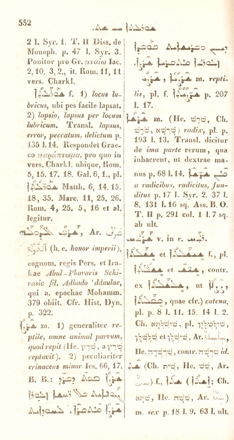 2 1. Syr. 1. T. II Diss. de Mouoph. p. 47 I. Syr. 3. Ponitur pro Gr. nrccuo lac. 2,10. 3, 2., it. Kom. 11, 11 vers. Charkl. f. 1) locus lu- bricus, ubi pes facile lapsat. 2) lapsio, lapsus per Jocum lubricum. Transi, lapsus, error, peccatum, delicium p. 135 1.14. llespomlet Grae- co TtaQumapa, pro quo in vers. Charkl. ubique, lloni. 5, 15. 17. 18. Gal.6,1., pl. j A—9QA. Mattii. 6, 14. 15. 18, 35. Mare. 11, 25. 26. liom. 4, 25. 5, 16 et al. legitur. .y y.. p y . , Ar. Iv.AjI (h. e. honor imperii), cognont. regis Pers. et Ira- kae Altui-Phavar is Schi- rasic fil. Adlutdo ’ ddaulae, qui a. epoebae Mokannn. 379 obiit. Cfr. Hist. Dyn. p. 322. p ni. 1) generaliter re- ptile, omne animal parvum, (piod repit (He. , a yib reptavit). 2) peculiariter erinaceus minor les. 66, 17. 13. B.: 5^5 i-i-A liall -.geAto i:A I —— j*—O - - . <TS p er, pp /rs ? m. repti- « P PP /r. lis, pl. f. I4U.JA p. 207 l. 17. - p m m. (He. bdd, Cb. ddd, Ndid ) radi.v, pl. p. 193 1, 13. Transi, dicitur de ima parte rerum, qua inhaerent, ut dextrae ma- tius p. 68 1.14. u radicibus, radicitus, jun- ditus p. 17 1. .Syr. 2. 37 I. 8. 131 1.16 sq. Ass. 15. O. T. II p. 291 coi. 1 1. 7 sq. ab ult. ,y y y. v. in r. , .e. y , .p. 7 |aXaa. et f., pl. I / et -A-a-A. , coutr. =C 3- - .P. 37. *%P = ex p—A , ut {J , , , = 6 i . .p, y (AAC^O , quae cfr.) catena, pl. p. 8 1. 11. 15. 14 1. 2. Cb. Nribdrb, pl. ybdbro, “jbdbd efjbd'd, Ar.sJLw-L., Ile. t-j^bld, conlr. rrd“id id. i ; ; ~ ' i : /T\ (Cii. rvd, 11 e. dd, Ar. t») f., i A ( j A); Ch. Nnd, Ile. srbd, Ar. w.) m. sex p. 18 1. 9. 63 1. ult.