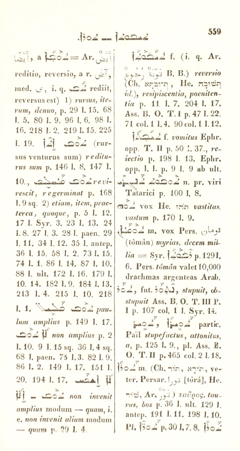 .|?o^ — j^aCUu£ Ia&jI» a Ar.^j reditio, reversio, a r. P med. , i. q. rediit, reversus est) 1) rursus, ite- rum, denuo, p. 29 1. 15. 68 I. 5. 80 1. 9. 90 I. 6. 98 I. 16. 218 1. 2. 219 1.15. 225 1. 19. jjj J3o^ (rur- sus venturus sum) reditu- rus sum p. 140 1. 8. 147 1. 10., ^o^Lrevi- rescit, regerminat p. 168 1. 9 sq. 2) etiam, item, prae- terea, quoque, p. 5 1. 12. 17 1. Syr. 3. 23 1. 13. 24 1.8. 27 1. 3. 28 I. paen. 29 !. 11. 34 1. 12. 35 1. antep. 36 1. 15. 58 I. 2. 73 I. 15. 74 1. 1. 86 1. 14. 87 !. 10. 88 1. ult. 172 1. 16. 179 1. 10. 14. 182 1.9. 184 1. 13. 213 1. 4. 215 1. 10. 218 m • y •>* 1. 1. * .m-iO pau- lum amplius p. 149 1. 17. {1 non amplius p. 2 1. 10. 9 1. 15 sq. 36 I. 4 sq. 68 1. paen. 75 1.3. 82 I. 9. 86 1. 2. 149 1. 17. 151 1. 20. 194 I. 17. fi ..q >• fi | — ^iZOjm non invenit amplius modum — quam, i. e. non invenit alium moduin — quam p. 29 1, 4 , P > . P . f. (i. q. Ar. s:yi 11. 11) reversio (Clt. Nrnrn , Ile. rnnzjn id.), resipiscentia, poeniten- tia p. 11 1. 7. 204 1. 17. Ass. 11. O. T. I p. 47 1. 22. 71 coi. 1 1.4. 90 coi. 1 1.12. . ;P P . | f. vomitus Ephr. opp. T. 11 p. 50 ’. 37., re- ieclio p. 198 1. 13. Ephr. opp. 1. 1. p. 9 1. 9 ab ult. = 7 >• »- ^2.20jZ n. pr. viri Tatarici p. 100 1. 8. >■ . rnoJ. vox Ile. vastitas, vastum p. 170 1. 9. . y > . m. vox Pers. (tdman) myrias, decem mil- lia == Syr. p. 1291. 6. Pers. tdman valet 10,000 drachmas argenteas Arab. . 7 . . 7 - IcJ., fut. ?oZ.J, stupuit, ob- stupuit Ass. B. O. T. III P. I p. 107 coi. 1 1. Syr. 14. .7 «p ,7 partic. Pail stupefactus, attonitus, «, p. 125 I. 9., pl. Ass. B. O. T. II p. 465 coi. 2 1.18. y m. (Cii. Tin, fn-in, ve- ter. Persar. \.ci [tora], He. Go - “iva, Ar. ,yS ) vavQOQ, tau- rus, bos p. 36 1. ult. 129 I. antep. 191 1. 11. 198 1.10. Pl. j?o/p.30 1.7.8. j*oi