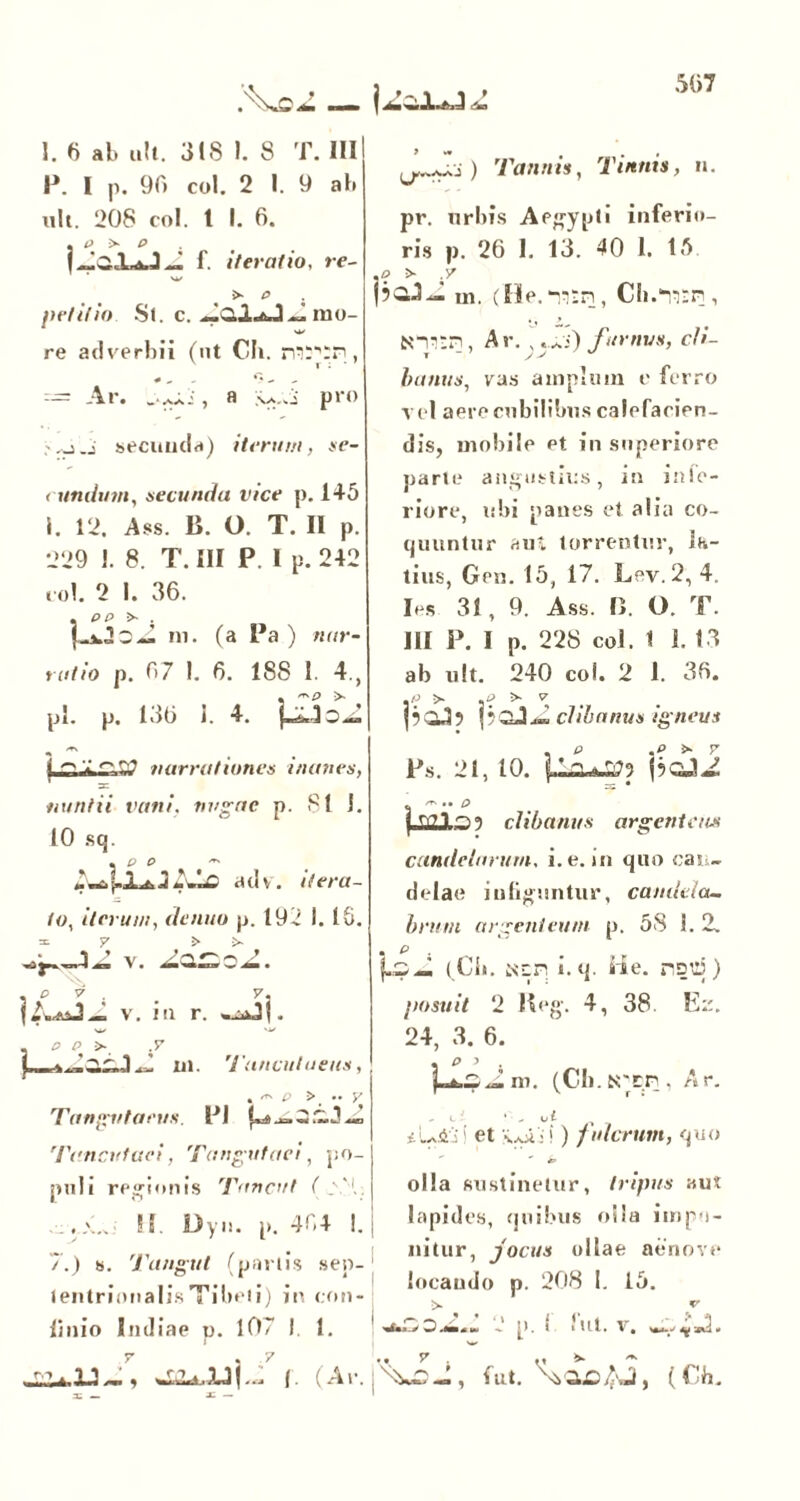 507 1. 0 ah ult. 318 I. 8 T. III P. I p. 90 coi. 2 I. 9 ah ult. 208 coi. t I. 6. . 0 > p f. iteratio, re~ s- e . petitio St. c. rno- re adverbii (nt Ch. nirrn, = Ar. U..j pro secunda) iterum, se- cundum, secunda vice p. 145 i. 12. Ass. B. O. T. II p. 229 1. 8. T. III P. I p. 242 coi. 2 I. 36. . pp >■ . m. (a Pa ) nar- ratio p. 07 1. 6. 188 1. 4., pl. p. 130 i. 4. v arra t i o n es i nan es, nuntii vani, nugae p. 81 1. 10 sq. • P O ** »%4l*J2Co adv. itera- to, iterum, de nuo p. 192 I. 16. -X. 7 > >■ A J v. . 0 7 . _ y. ilejjsJJ, V. i 11 r. -^3|. . 0 p .7 Z.3L.-1 m. 'Tancutaeus, , ^ p > •• y Tangvtaeus. PJ 'Pcncvlaei, Tangutaei, po- puli regionis Tonent ( II. Dyn. p. 404 !. 7.) s. Tangat (partis sep- tentriooalisTihe!i) in con- finio Indiae p. 107 I 1. (Ar. ) 'Pannis, Tinnis, n. pr. urbis Aegypti inferio- ris p. 26 I. 13. 40 1. 15 .0 > .7 m. (fle.“nsn, Cb.-njn, Nn^rn, Ar. furnus, cli- banus, vas amplum e ferro vel aere cubilibus calefacien- dis, mobile et in superiore parte angustius, in infe- riore, ubi panes et alia co- quuntur aut torrentur, la- tius, Gen. 15, 17. Lev. 2, 4. Ies 31, 9. Ass. B. O. T. III P. I p. 228 coi. 1 I. 13 ab ult. 240 coi. 2 1. 30. .0 > .f >• 7 \bo2sZ clibanus igneus Ps. 21, 10. j?Cji rrs •• p | ri7l clibanus argenteus candelarum, i. e. in quo eas - delae infiguntur, candeta- bruta argenteum p. 58 1.2. . e . (Cn. «en i. q. He. n?tl5) posuit 2 Heg. 4, 38 Ez. 24, 3. 6. (Ch. N'ftn . A r. - C - 1 . ut i Laidi et Wi! ) fulcrum, quo olla sustinetur, tripus aut lapides, quibus oiia impo- nitur, jocus ollae aenove locando p. 208 I. 15. * . O Mm*.. - p . ) i '.it. T . y ad . fut. ^OO/JU, (Ch.