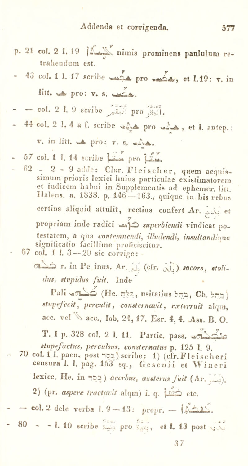 p. -i 1 co!. 2 1. 19 nimis prominens paululum re- trahendum est. - 43 coi. 1 1. 17 scribe pro ^24, et 1.19: v. in litt. O. pro: v. s. w*£4,. - — coi. 2 1. 9 scribe JjCjj pro jaJ|. - 44 coi. 2 1. 4 a f. scribe pro et 1. autep.: v. in litt. pro: v. s, 4A4. s ^ p P P - 57 coi. 1 i. 14 scribe pro j^y, f,2 - 2-9 adde: Clar. Fleischer, quem aequis- simum prioris lexici huius particulae existimatorem et indicem habui in Supplementis ad ephemer. Sitt. Halens. a. 1838. p. 146 — 163., quique in his rebus certius aliquid attulit, rectius confert Ar. ' JJ <*t y ^ - propriam inde radici superbiendi vindicat po- testatem, a qua contemnendi, illudendi, insultandi ne significatio facillime proficiscitur. 67 coi. 1 1. 3 — 20 sic corride: O <7I—^ r. in Pe inus. Ar. (cfr. 0\jj) socors, stoli- dus, stupidus fuit. Inde Pali (fle. |r:VJ, usitatius Vim, Ch. Vm j stupefecit, percidit, consternavit, exterruit alqm, aec. vel \ acc., lob. 24, 17. Esr. 4, 4. Ass. B. O. 1’. I p. 328 coi. 2 I. 11. Partic. pass. stupefactus, perculsus, consternatus p. 125 1. 9. 70 coi. 1 1. paen. post •n&a) scribe: 1) (cfr.Fleischeri censura 1. J. pag. 153 sq., Ge senii et Win eri Iexicc, Ile. in “(SS ) acerbus, austerus jiiit (Ar. ^J( 2) (pr. aspere tractavit alqm) i. q. etc. — coi. 2 dele verba 1.9 — 13: propr. — j A 1 * - - 1. 10 scribe pro K,y:, et I. 13 post 37