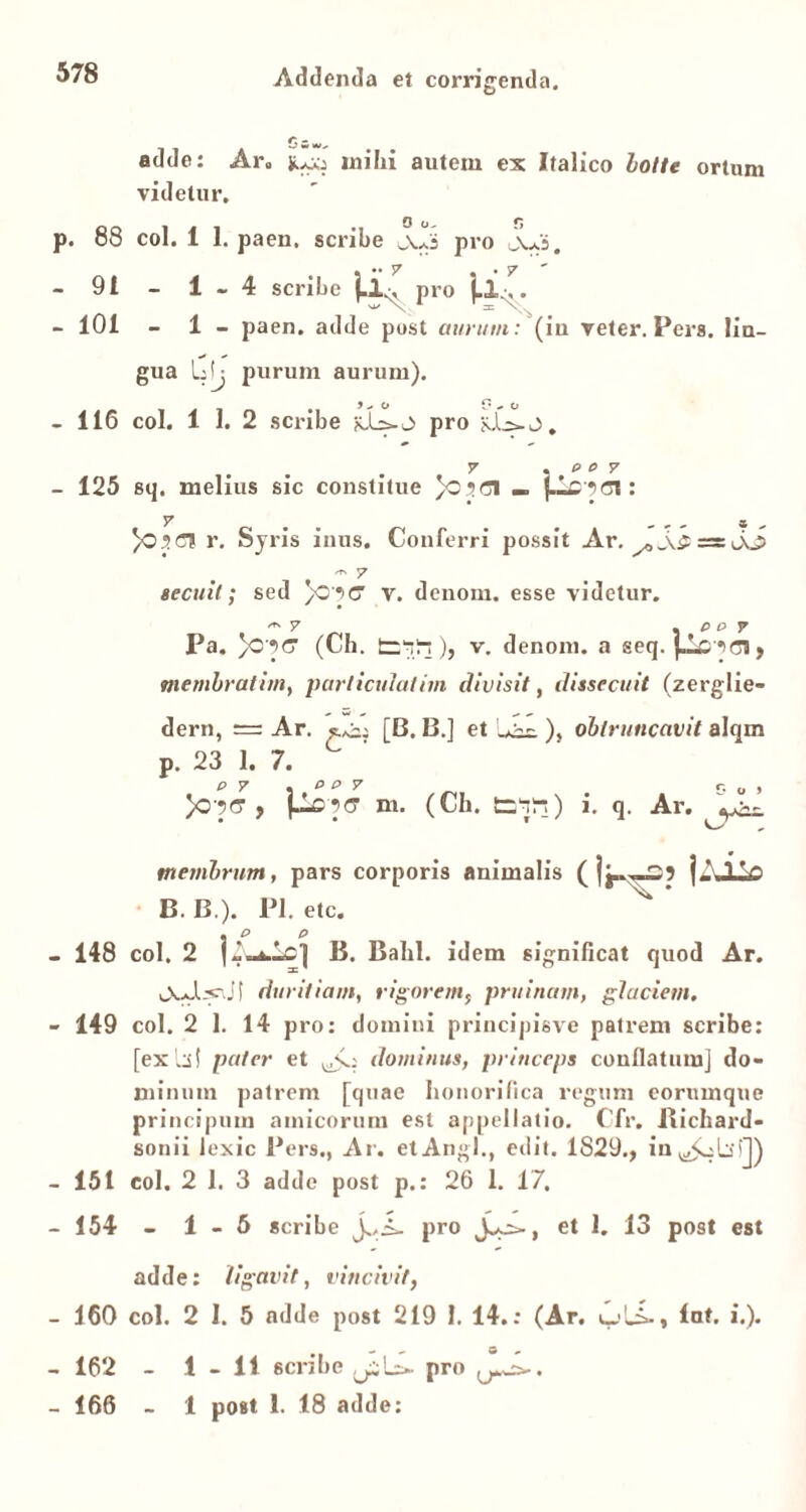 Zj Si adde: Ar« juxj mihi autem ex Italico lotle ortum videtur. 0 f» p. 88 coi. 1 1. paen, scribe jws pro uvo, - 91 - 1-4 scribe pro j.1^. - 101 - 1 - paen. adde post aurum: (iu veter. Fers, lin- gua Lfj purum aurum). -116 coi. 1 1. 2 scribe jd~o pro 7 . 0 0 7 - 125 sq. melius sic constitue )o3<3I — r. Syris inus. Conferri possit Ar. ^— Sj> <*T\ 7 secuit; sed /0*><7 v. denom. esse videtur. ** 7 . P o 7 Pa. )o^C (Ch. v. denom. a seq. pc*><5l, membratim, parliculatim divisit, dissecuit (zerg lie- dern, = Ar. [B. B.] et ), obtruncavit alqm p. 23 1. 7. ^ )o?cr , |Ao'5<t m. (Ch. t:1^) i. q. Ar. membrum, pars corporis animalis (] B. B.). Pl. etc. ip p B. Babl. idem significat quod Ar. duritiam, rigorem, pruinam, glaciem. - 149 coi. 2 1. 14 pro: domini principisve patrem scribe: [exili! pater et dominus, princeps conflatum] do- minum patrem [quae honorifica rogum eorumque principum amicorum est appellatio. Cfr. Bichard- sonii lexic Pers., Ar. et Angi., edit. 1829., inV!£$bb'J) -151 coi. 2 1. 3 adde post p.: 26 1. 17. - 154 - 1-5 scribe pro J-o*., et 1. 13 post est adde: ligavit, vincivit, - 160 coi. 2 I. 5 adde post 219 I. 14.: (Ar. Inf. i.). - 162 - 1-11 scribe pro . - 166 - 1 post 1. 18 adde: