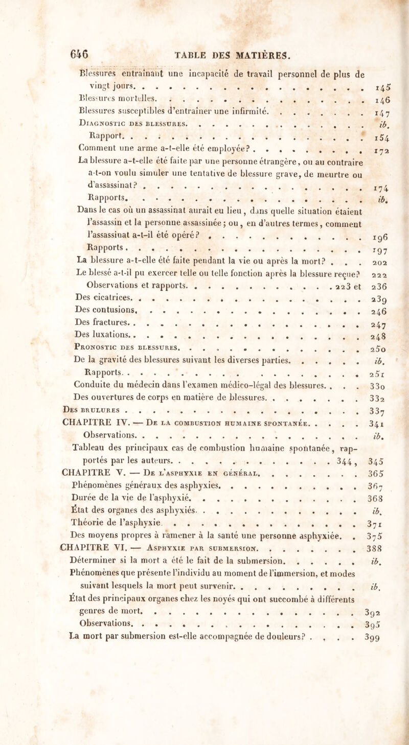 Blessures entraînant une incapacité de travail personnel de plus de vingt jours 145 Blessures mortelles x46 Blessures susceptibles d’entraîner une infirmité 147 Diagnostic des blessures ib. RaPport i54 Comment une arme a-t-elle été employée? . I72 La blessure a-t-elle été faite par une personne étrangère, ou au contraire a-t-on voulu simuler une tentative de blessure grave, de meurtre ou d’assassinat? T n r • • ♦ • • A y 4 Rapports Dans le cas où un assassinat aurait eu lieu , dans quelle situation étaient l’assassin et la personne assassinée ; ou, en d’autres termes, comment l’assassiuat a-t-il été opéré? xçg Rapports jg7 La blessure a-t-elle été faite pendant la vie ou après la mort? . . . 202 Le blessé a-t-il pu exercer telle ou telle fonction après la blessure reçue? 222 Observations et rapports . . . . 223 et 2 36 Des cicatrices 239 Des contusions 246 Des fractures Des luxations 248 Pronostic des blessures. 25o De la gravité des blessures suivant les diverses parties ib. Rapports 25r Conduite du médecin dans l’examen médico-légal des blessures. . . . 330 Des ouvertures de corps en matière de blessures 332 Des brûlures 337 CHAPITRE IY. —- De la combustion humaine spontanée 341 Observations ib. Tableau des principaux cas de combustion humaine spontanée, rap- portés par les auteurs 344 , 345 CHAPITRE Y. -— De l’asphyxie en général 365 Phénomènes généraux des asphyxies 367 Durée de la vie de l’asphyxié. 368 État des organes des asphyxiés ib. Théorie de l’asphyxie 37x Des moyens propres à ramener à la santé une personne asphyxiée. . 37 5 CHAPITRE YI. — Asthyxie TAR SUBMERSION 388 Déterminer si la mort a été le fait de la submersion ib. Phénomènes que présente l’individu au moment de l’immersion, et modes suivant lesquels la mort peut survenir ib. État des principaux organes chez les noyés qui ont succombé à différents genres de mort 3g2 Observations 3g5 La mort par submersion est-elle accompagnée de douleurs? . , . . 399