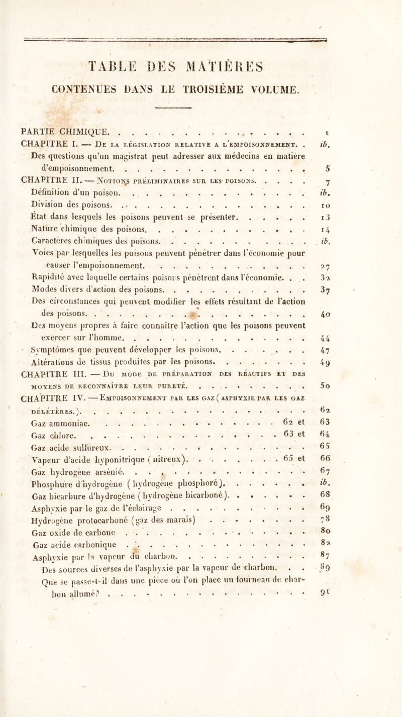 TABLE DES MATIÈRES CONTENUES DANS LE TROISIÈME VOLUME. PARTIE CHIMIQUE i CHAPITRE I. — De la législation relative a l’empoisonnement. . ib. Des questions qu’un magistrat peut adresser aux médecins en matière d’empoisonnement 5 CHAPITRE II. — Notions préliminaires sur les toisons 7 Définition d’un poison ib. Division des poisons. 10 Etat dans lesquels les poisons peuvent se présenter i3 Nature chimique des poisons ....... 14 Caractères chimiques des poisons. . ib. Voies par lesquelles les poisons peuvent pénétrer dans l’économie pour causer l’empoisonnement. . 27 Rapidité avec laquelle certains poisons pénètrent dans l'économie. . . 3a Modes divers d’action des poisons 37 Des circonstances qui peuvent modifier les effets résultant de l’action des poisons 40 Des moyens propres à faire connaître l’action que les poisons peuvent exercer sur l’homme 44 - Symptômes que peuvent développer les poisons 47 Altérations de tissus produites par les poisons 49 CHAPITRE III. — Du mode de préparation des réactifs et des MOYENS DE RECONNAITRE LEUR rURETÉ 5o CHAPITRE IV.—Empoisonnement tar les gaz ( asphyxie par les gaz DÉLÉTÈRES.) Gaz ammoniac 62 et 63 Gaz chlore 63 et 64 Gaz acide sulfureux h5 Vapeur d’acide hyponitrique ( nitreux) 60 et 66 Gaz hydrogène arsénié h 7 Phosphure d'hydrogène (hydrogène phospnoré) ib. Gaz bicarbure d’hydrogène ( hydrogène biearboné). ...... 68 Asphyxie par le gaz de l’éclairage 69 Hydrogène protocarboné (gaz des marais) 78 Gaz oxide de carbone 8° Gaz acide carbonique 82 Asphyxie par !a vapeur du charbon 87 Des sources diverses de l’asphyxie par la vapeur de charbon. . . 89 Que se passe-t-il dans une pièce où l’on place un fourneau de char- bon allumé? . «