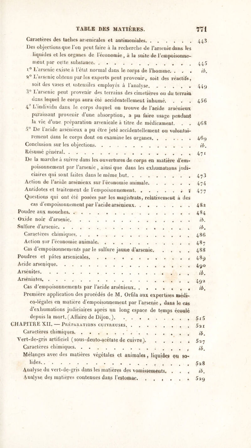 Caractères des taches arsenicales et antimoniales 443 Des objections que l’on peut faire à la recherche de l’arsenic dans les liquides et les organes de l’économie, à la suite de l’empoisonne- ment par cette substance. 445 i° L’arsenic existe à l'état normal dans le corps de l’homme. . . . ib. 20 L arsenic obtenu par les experts peut provenir, soit des réactifs , soit des vases et ustensiles employés à l’analyse 449 3° L arsenic peut provenir des terrains des cimetières ou du terrain dans lequel le corps aura été accidentellement inhumé, . . . 456 4 L individu dans le corps duquel on trouve de l’acide arsénieux paraissant provenir d’une absorption, a pu faire usage pendant la vie d’une préparation arsenicale à titre de médicament. . . 46S 5° De l’acide arsénieux a pu être jeté accidentellement ou volontai- rement dans le corps dont on examine les organes. . . ... . 469 Conclusion sur les objections ib. Résumé général. 471 De la marche à suivre dans les ouvertures de corps en matière d’em- poisonnement par l’arsenic , ainsi que dans les exhumations judi- ciaires qui sont faites dans le même but 473 Action de l’acide arsénienx sur l’économie animale. ..... 474 Antidotes et traitement de l'empoisonnement ; ï 477 Questions qui ont été posées par les magistrats, relativement à des cas d’empoisonnement par l’acide arsénieux 48.2 Poudre aux mouches 484 ' Oxide noir d’arsenic ib. Sulfure d’arsenic ib. Caractères chimiques 486 Action sur l’économie animale 487 Cas d’empoisonnements par le sulfure jaune d’arsenic. .... 488 Poudres et pâtes arsenicales. . . . 489 Acide arsenique 4^0 Arsénites Arséniates, ... t r,o Cas d’empoisonnements par l’acide arsénieux ib. Première application des procédés de M. Orfila aux expertises médi- co-légales en matière d'empoisonnement par l’arsenic , dans le cas d’exhumations judiciaires après un long espace de temps écoulé depuis la mort. (Affaire de Dijon. ). 5x5 CHAPITRE XII. — Préparations cuivreuses 52I Caractères chimiques ^ Vert-de-gris artificiel (sous-deuto-acétate de cuivre) 52? Caractères chimiques # > ^ Mélanges avec des matières végétales et animales, liquides ou so- lides 528 Analyse du vert-de-gris dans les matières des vomissements. . . , ib. Analyse des matières contenues dans l’estomac. ...... 529