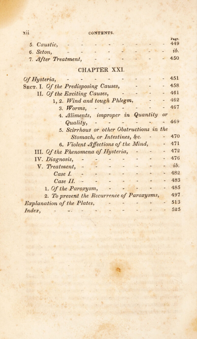 5, Caustic, -------- 449 6, Seto?i, -------- *5. 7, After Treatment, - - - - - - 450 CHAPTER XXL. Of Hysteria y - - - * - - - -451 Sect, L Of the Predisposing Causes, - - - 458 II. Of the Exciting Causesi - - - - 461 !? 2. Wind and tough Phlegm, - - 462 3. Worms, ------ 46^ 4. Aliments, improper in Quantity or Quality, - - - - - - 469 5. Scirrhous or other Obstructions in the Stomachy or Intestines, fyc. - - 470 6. Violent Affections of the Mind, - 471 III. 0//Ae Phenomena of Hysteria, - 472 IV. Diagnosis, - -476 V. Treatment, Cflwc/. ------- 482 Case IL ------- 483 1. Of the Paroxysm,, ----- 485 2. To prevent the Recurrence of Paroxysms, 497 Explanation of the Plates, - - - - - 513 Index, - -- * - - - - - 525