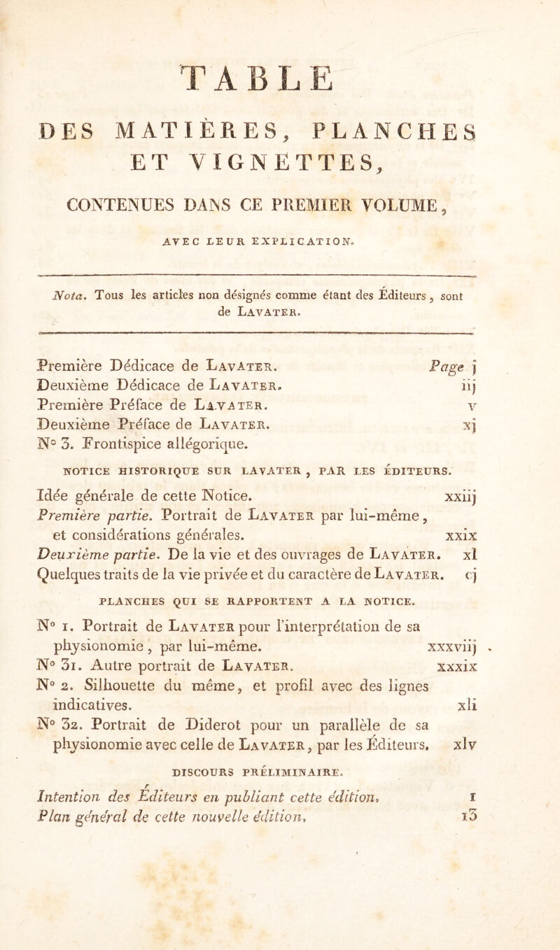 DES MATIÈRES, PLANCHES ET VIGNETTES, CONTENUES DANS CE PREMIER VOLUME, AVEC LEUR EXPLICATION Nota. Tous les articles non désignés comme étant des Éditeurs, sont de Lavater. Page j HJ v xj Première Dédicace de Lavater. Deuxième Dédicace de Lavater. Première Préface de Lavater. Deuxième Préface de Lavater. N° 3. Frontispice allégorique. NOTICE HISTORIQUE SUR LAVATER , PAR LES EDITEURS. Idée générale de cette Notice. xxiij Première partie. Portrait de Lavater par lui-même, et considérations générales. xxix Deuxième partie. De la vie et des ouvrages de Lavater. xl Quelques traits de la vie privée et du caractère de Lavater. cj PLANCHES QUI SE RAPPORTENT A LA NOTICE. N° i. Portrait de Lavater pour l’interprétation de sa physionomie , par lui-même. xxxviij N° 3i. Autre portrait de Lavater. xxxix N° 2. Silhouette du même, et profil avec des lignes indicatives. xli N° 32. Portrait de Diderot pour un parallèle de sa physionomie avec celle de Lavater, par les Éditeurs» xlv DISCOURS PRELIMINAIRE. r Intention des Editeurs en publiant cette édition, Plan général de cette nouvelle édition, i _ rr*' lù