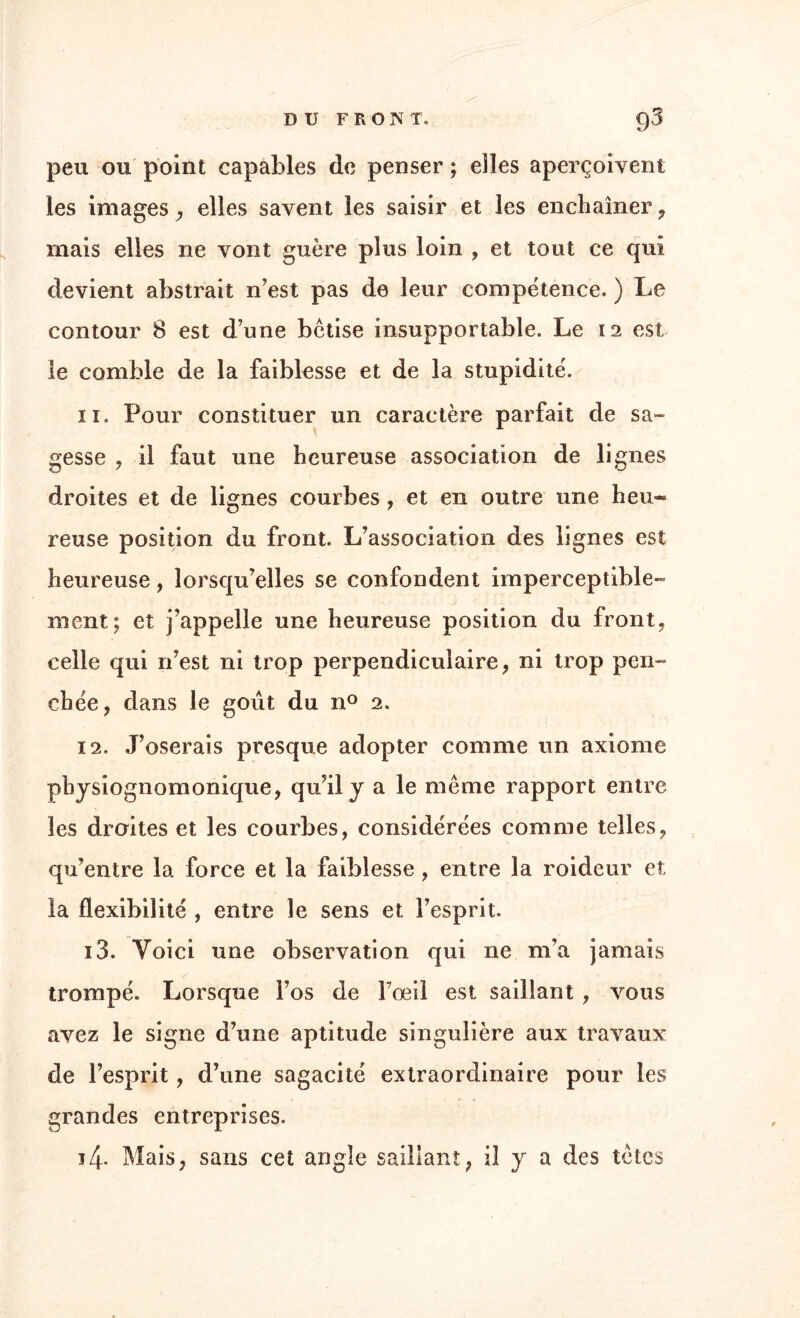 DU F K O N T* g3 peu ou point capables de penser ; elles aperçoivent les images , elles savent les saisir et les enchaîner , mais elles ne vont guère plus loin , et tout ce qui devient abstrait n’est pas de leur compétence. ) Le contour 8 est d’une bêtise insupportable. Le 12 est le comble de la faiblesse et de la stupidité. 11. Pour constituer un caractère parfait de sa¬ gesse , il faut une heureuse association de lignes droites et de lignes courbes , et en outre une heu¬ reuse position du front. L’association des lignes est heureuse, lorsqu’elles se confondent imperceptible» ment; et j’appelle une heureuse position du front, celle qui n’est ni trop perpendiculaire, ni trop pen¬ chée, dans le goût du n° 2. 12. J’oserais presque adopter comme un axiome physiognomonique, qu’il y a le même rapport entre les droites et les courbes, considérées comme telles, qu’entre la force et la faiblesse , entre la roideur et la flexibilité , entre le sens et l’esprit. 13. Voici une observation qui ne m’a jamais trompé. Lorsque l’os de l’oeil est saillant , vous avez le signe d’une aptitude singulière aux travaux de l’esprit, d’une sagacité extraordinaire pour les grandes entreprises. 14. Mais, sans cet angle saillant, il y a des têtes