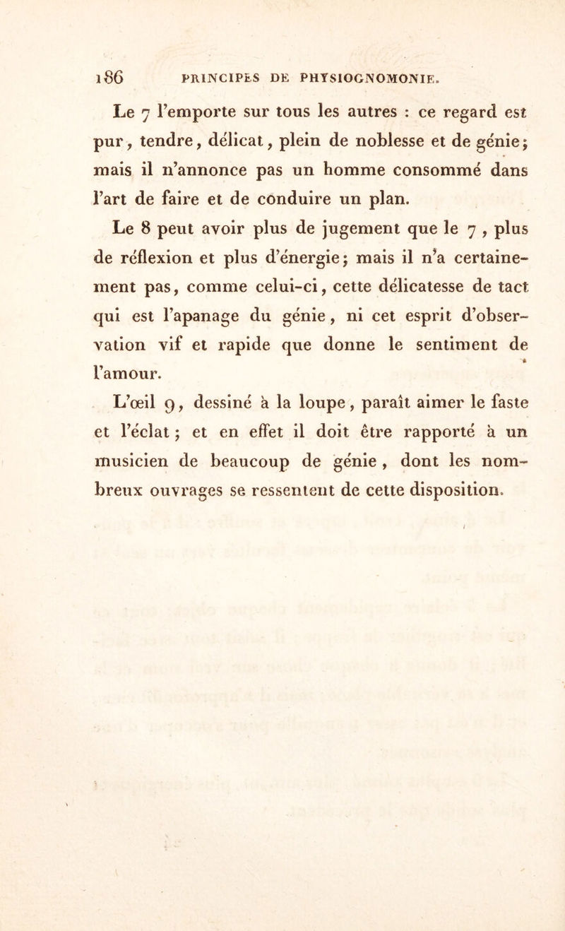 Le 7 Femporte sur tous les autres : ce regard est pur, tendre, délicat, plein de noblesse et de génie ; mais il n’annonce pas un homme consommé dans l’art de faire et de conduire un plan. Le 8 peut avoir plus de jugement que le 7 , plus de réflexion et plus d’énergie; mais il n’a certaine¬ ment pas, comme celui-ci, cette délicatesse de tact qui est l’apanage du génie , ni cet esprit d’obser¬ vation vif et rapide que donne le sentiment de l’amour. L’œil 9, dessiné a la loupe, paraît aimer le faste et l’éclat ; et en effet il doit être rapporté a un musicien de beaucoup de génie , dont les nom¬ breux ouvrages se ressentent de cette disposition. 1