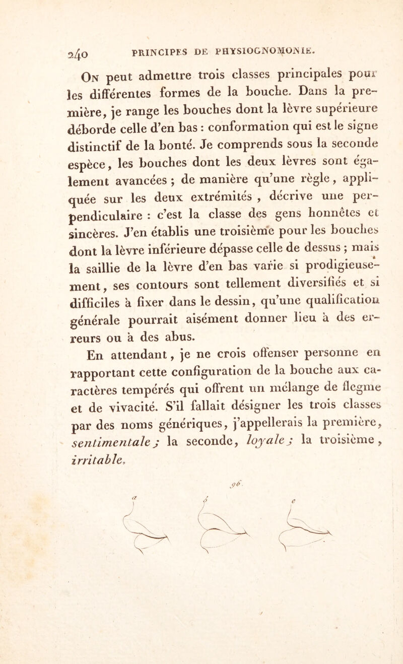 ^4o On peut admettre trois classes principales pour les différentes formes de la bouche. Dans la pre¬ mière, je range les bouches dont la lèvre supérieure déborde celle d'en bas : conformation qui est le signe distinctif de la bonté. Je comprends sous la seconde espèce, les bouches dont les deux lèvres sont éga¬ lement avancées ; de manière qu’une règle, appli¬ quée sur les deux extrémités , décrive une per¬ pendiculaire * c’est la classe des gens honnêtes et sincères. J'en établis une troisième pour les bouches dont la lèvre inférieure dépasse celle de dessus ; mais la saillie de la lèvre d’en bas varie si prodigieuse¬ ment , ses contours sont tellement diversifiés et si difficiles a fixer dans le dessin, qu’une qualification générale pourrait aisément donner lieu a des er¬ reurs ou à des abus. En attendant, je ne crois offenser personne en rapportant cette configuration de la bouche aux ca¬ ractères tempérés qui offrent un mélange de flegme et de vivacité. S’il fallait désigner les trois classes par des noms génériques, j’appellerais la première, sentimentalej la seconde, loyalej la troisième, irritable, s*-