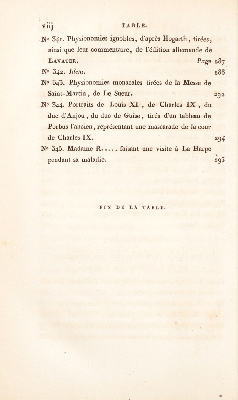 Yllj N° 34r. Physionomies ignobles, d’après Hogarth, tirées, ainsi que leur commentaire, de l’édition allemande de Lavater. N° 342. Idem. Page 2 87 288 N° 543. Physionomies monacales tirées de la Messe de Saint-Martin, de Le Sueur. 292 N° 344. Portraits de Louis XI , de Charles IX , du duc d’Anjou, du duc de Guise, tirés d’un tableau de Porbus l’ancien, représentant une mascarade de la cour de Charles IX. 294 X° 345. Madame R.faisant une visite à La Harpe pendant sa maladie. 295 El N DE LA TABLE»