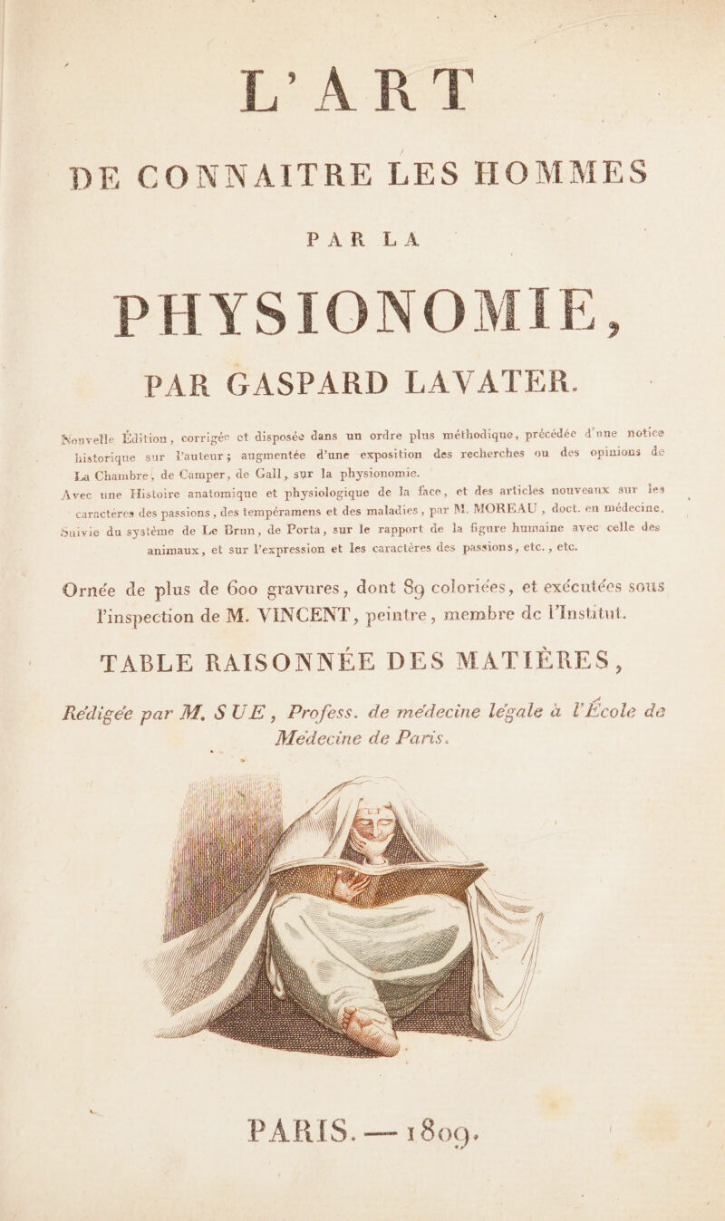 L ’ A R T DF, CONNAITRE LES HOMMES PAR LA PAR GASPARD LAVATER. Nouvelle Édition, corrigée et disposée dans un ordre plus méthodique, précédée d’nne notice historique sur l’auteur; augmentée d’une exposition des recherches ou des opinions de La Chambre, de Camper, de Gall, sur la physionomie. Avec une Histoire anatomique et physiologique de la face, et des articles nouveaux sur les caractères des passions , des tempcramens et des maladies , par M. MOREAU , doct. en médecine. Suivie du système de Le Brun, de Porta, sur le rapport de la figure humaine avec celle des animaux, et sur l’expression et les caractères des passions, etc., etc. Ornée de plus de 600 gravures, dont 89 coloriées, et exécutées sous l’inspection de M. VINCENT, peintre, membre de l'Institut.. TABLE RAISONNÉE DES MATIÈRES, s* Rédigée par M. SUE, Profess. de médecine légale à VEcole dû Médecine de Paris» PARIS. —1809.