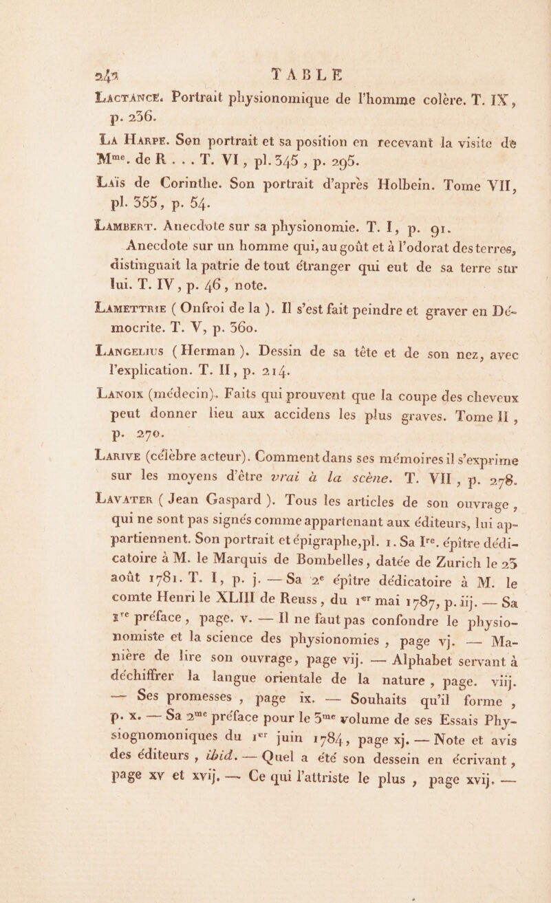 T A B L K Lactancë. Portrait physionomique de l’homme colère. T. IX, p. 256. La Harpe. Son portrait et sa position en recevant la visite de Mme. de R ... T. VI, pl. 546 , p. 295. Lais de Corinthe. Son portrait d’après Holhein. Tome VII, pl. 555, p. 54. Lambert. Anecdote sur sa physionomie. T. I, p. 91. Anecdote sur un homme qui, au goût et à l’odorat des terres, distinguait la patrie de tout étranger qui eut de sa terre sur lui. T. IV, p. 46 , note. Lamettrïe ( Onfroi de la ). Il s’est fait peindre et graver en De» mocrite. T. V, p. 56o. Langeljus ( Herman ). Dessin de sa tête et de son nez, avec l’explication. T. II, p. 214* Lanoix (médecin). Faits qui prouvent que la coupe des cheveux peut donner lieu aux accidens les plus graves. Tome II , p. 270. Larive (ceïcbie acteui). Comment dans ses mémoires il s’exprime sur les moyens d’être vrai à la scène. T. VII , p. 278. Lava ter ( Jean Gaspard ). Tous les articles de son ouvrage , qui ne sont pas signés comme appartenant aux éditeurs, lui ap¬ partiennent. Son portrait et épigraphe,pl. 1. Sa Ire. épître de'di- eatoire à M. le Marquis de Bombelles, datée de Zurich le 25 août 1781. 1. I, p. j. Sa 2e épître dédicatoire à M. le comte Henri le XLIII de Reuss , du mai 1787, p.iij. _ Sa re préface , page. v. — II ne faut pas confondre le physio¬ nomiste et la science des physionomies , page vj. _ Ma¬ nière de lire son ouvrage, page vij. — Alphabet servant à déchiffrer la langue orientale de la nature , page. viij. — Ses promesses , page ix, — Souhaits qu’il forme , p. x. — Sa 2me préface pour le 5me volume de ses Essais Phy- siognomoniques du 1™ juin 1784, page xj. — Note et avis des éditeurs , ibid. Quel a été son dessein en écrivant, page xy et xvij, —■ Ce qui l’attriste le plus , page xvij» —