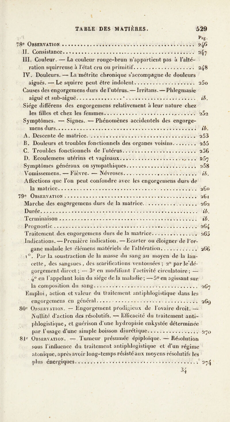 Pag-. 78e Observation 246 II. Consistance... 247 III. Couleur. — La couleur rouge-brun n’appartient pas à l’alté- ration squirreuse à l’état cru ou primitif 248 IV. Douleurs. — La métrite chronique s’accompagne de douleurs aiguës. — Le squirre peut être indolent 25o Causes des engorgemens durs de l’utérus. — Irritans. — Phlegmasie aiguë et sub-aiguë * ib. Siège différens des engorgemens relativement à leur nature chez les filles et chez les femmes 252 Symptômes. Signes. -— Phénomènes accidentels des engorge- mens durs ib. A. Descente de matrice 253 B. Douleurs et troubles fonctionnels des organes voisins a55 C. Troubles fonctionnels de l’utérus 206 D. Ecoulemens utérins et vaginaux 267 Symptômes généraux ou sympathiques 2.58 Vomissemens. — Fièvre. — Névroses ib. Affections que l’on peut confondre avec les engorgemens durs de la matrice 260 79e Observation 261 Marche des engorgemens durs de la matrice. 262 Durée ib. Terminaison » ib. Prognostie 264 Traitement des engorgemens durs de la matrice 260 Indications.—Première indication. — Ecarter ou éloigner de Por- gane malade les élémens matériels de l’altération 266 i°. Par la soustraction de la masse du sang au moyen de la lan- cette, des sangsues, des scarifications ventousées ; 20 par le'dé- gorgement direct ; — 3° en modifiant l’activité circulatoire; — . 4° en l’appelant loin du siège de la maladie ; —5° en agissant sur la composition du sang 267 Emploi, action et valeur du traitement antiphlogistique dans les engorgemens en général 26c) 80e Observation. — Engorgement prodigieux de l’ovaire droit. — Nullité d’action des résolutifs. — Efficacité du traitement anti- phlogistique, et guérison d’une liydropisie enkystée déterminée par l’usage d’une simple boisson diurétique 270 81e Observation. — Tumeur présumée épiploïque.—Résolution sous l’influence du traitement antiphlogistique et d’un régime atonique, après avoir long-temps résisté aux moyens résolutifs les plus énergiques ; 274 34