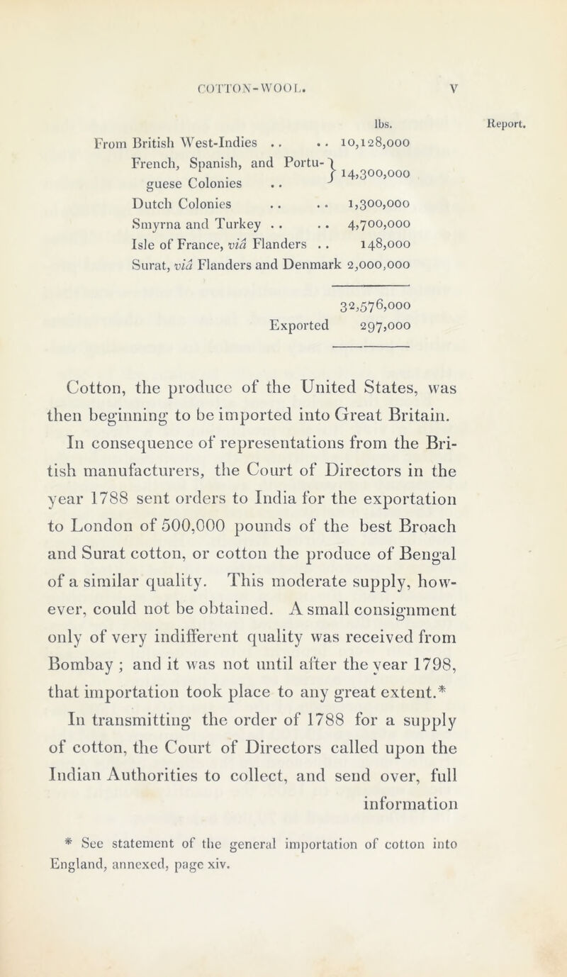 lbs. From British West-Indies . French, Spanish, and guese Colonies .. 10,128,000 Portu rtu- ) / 14>3°°> 000 Dutch Colonies .. . • 1,300,000 Smyrna and Turkey . . . . 4,700,000 Isle of France, via Flanders .. 148,000 Surat, via Flanders and Denmark 2,000,000 Report. 32,576,000 Exported 297,000 Cotton, the produce of the United States, was then beginning to be imported into Great Britain. In consequence of representations from the Bri- tish manufacturers, the Court of Directors in the year 1788 sent orders to India for the exportation to London of 500,000 pounds of the best Broach and Surat cotton, or cotton the produce of Bengal of a similar quality. This moderate supply, how- ever, could not be obtained. A small consignment only of very indifferent quality was received from Bombay ; and it was not until after the year 1798, that importation took place to any great extent.* I11 transmitting the order of 1788 for a supply of cotton, the Court of Directors called upon the Indian Authorities to collect, and send over, full information * See statement of the general importation of cotton into England, annexed, page xiv.