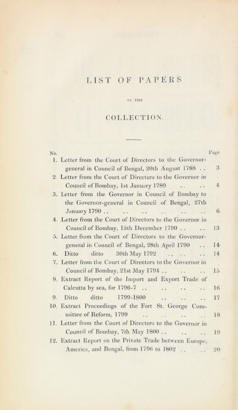 LIST OF PAPERS IN THE COLLECTION. No. Page 1. Letter from the Court of Directors to the Governor- general in Council of Bengal, 20th August 1788 . . 3 2. Letter from the Court of Directors to the Governor in Council of Bombay, 1st January 1789 .. .. 4 3. Letter from the Governor in Council of Bombay to the Governor-general in Council of Bengal, 27th January 1790 .. .. .. .. .. .. 6 4. Letter from the Court of Directors to the Governor in Council of Bombay, 15th December 1790 .. .. 13 5. Letter from the Court of Directors to the Governor- general in Council of Bengal, 28tli April 1790 . . 14 6. Ditto ditto 30th May 1792 .... .. 14 7. Letter from the Court of Directors to the Governor in Council of Bombay, 21st May 1794 .. .. . . 15 8. Extract Report of the Import and Export Trade of Calcutta by sea, for 1796-7 .. .. .. .. 16 9. Ditto ditto 1799-1800 .. .. .. 17 10. Extract Proceedings of the Fort St. George Com- mittee of Reform, 1799 .. . . .. .. 18 11. Letter from the Court of Directors to the Governor in Council of Bombay, 7th May 1800 .. .. .. 19 12. Extract Report on the Private Trade between Europe,