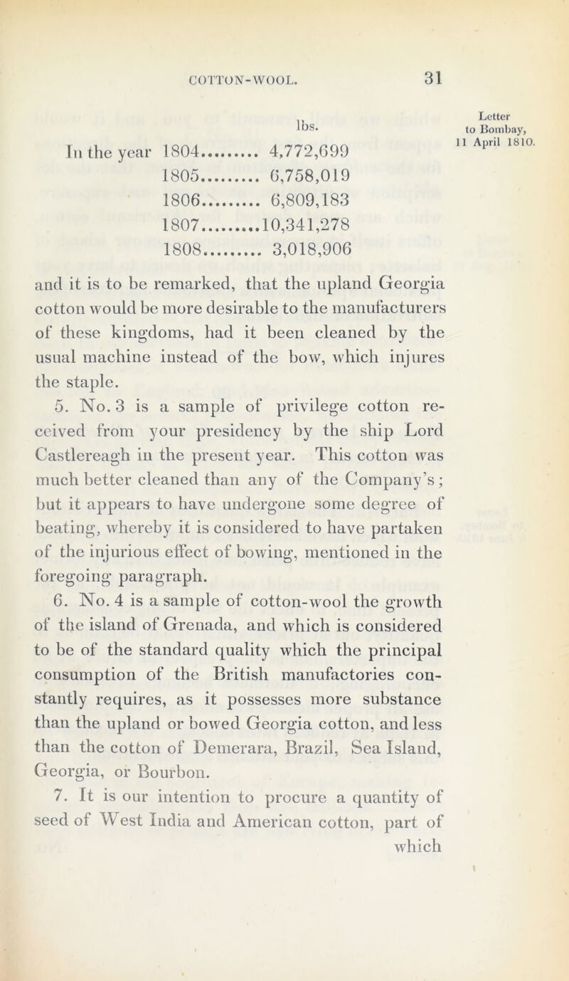 lbs. Letter to Bombay, In the year 1804 .... 4,772,699 11 April 1810. 1805 .... 6,758,019 1806 ..... 6,809,183 1807 10,341,278 1808...., 3,018,906 and it is to be remarked, that the upland Georgia cotton would be more desirable to the manufacturers of these kingdoms, had it been cleaned by the usual machine instead of the bow, which injures the staple. 5. No. 3 is a sample of privilege cotton re- ceived from your presidency by the ship Lord Castlereagh in the present year. This cotton was much better cleaned than any of the Company’s; but it appears to have undergone some degree of beating, whereby it is considered to have partaken of the injurious effect of bowing, mentioned in the foregoing paragraph. 6. No. 4 is a sample of cotton-wool the growth of the island of Grenada, and which is considered to be of the standard quality which the principal consumption of the British manufactories con- stantly requires, as it possesses more substance than the upland or bowed Georgia cotton, and less than the cotton of Demerara, Brazil, Sea Island, Georgia, or Bourbon. 7. It is our intention to procure a quantity of seed ot West India and American cotton, part of which