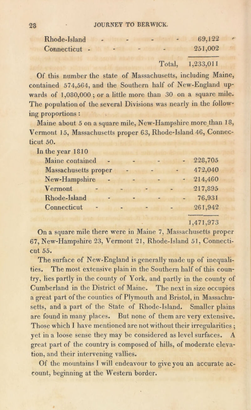 Rhode-Island - - - 69,122 <- Connecticut - 251,002 Total, 1,233,011 Of this number the state of Massachusetts, including Maine, contained 574,564, and the Southern half of New-England up- wards of 1,080,000 ; or a little more than 30 on a square mile. The population of the several Divisions was nearly in the follow- ing proportions : Maine about 5 on a square mile, New-Hampshire more than 18, Vermont 15, Massachusetts proper 63, Rhode-Island 46, Connec- ticut 50. In the year 1810 Maine contained - 228,705 Massachusetts proper 472,040 New-Hampshire - 214,460 Vermont 217,895 Rhode-Island 76,931 Connecticut 261,942 1,471,973 On a square mile there were in Maine 7, Massachusetts proper 67, New-Hampshire 23, Vermont 21, Rhode-Island 51, Connecti- cut 55. The surface of New-England is generally made up of inequali- ties. The most extensive plain in the Southern half of this coun- try, lies partly in the county of York, and partly in the county of Cumberland in the District of Maine. The next in size occupies a great part of the counties of Plymouth and Bristol, in Massachu- setts, and a part, of the State of Rhode-Island. Smaller plains are found in many places. But none of them are very extensive. Those which I have mentioned are not without their irregularities ; yet in a loose sense they may be considered as level surfaces. A great part of the country is composed of hills, of moderate eleva- tion, and their intervening vallies. Of the mountains I will endeavour to give you an accurate ac- count, beginning at the Western border.