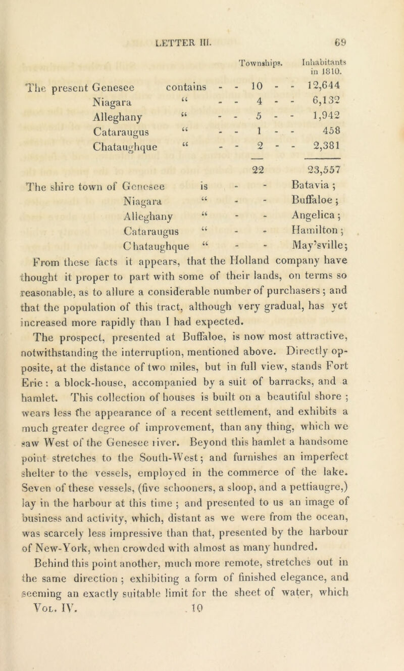 Townships. Inhabitants in 1810. The present Genesee contains - - 10 - - 12,644 Niagara “ - 4 - 6,132 Alleghany “ - 5 - 1,942 Cataraugus “ - 1 - 458 Chataughque “ - 2 - 2,381 22 23,557 The shire town of Genesee is - Batavia ; Niagara a - Buffaloe ; Alleghany u - Angelica ; Cataraugus a - Hamilton ; C liataughque u - May’sville; From these facts it appears, that the Holland company have thought it proper to part with some of their lands, on terms so reasonable, as to allure a considerable number of purchasers; and that the population of this tract, although very gradual, lias yet increased more rapidly than I had expected. The prospect, presented at Buffaloe, is now most attractive, notwithstanding the interruption, mentioned above. Directly op- posite, at the distance of two miles, but in full view, stands Fort Erie: a block-house, accompanied by a suit of barracks, and a hamlet. This collection of houses is built on a beautiful shore ; wears less fhe appearance of a recent settlement, and exhibits a much greater degree of improvement, than any thing, which we saw West of the Genesee liver. Beyond this hamlet a handsome point stretches to the South-West; and furnishes an imperfect shelter to the vessels, employed in the commerce of the lake. Seven of these vessels, (five schooners, a sloop, and a pettiaugre,) lay in the harbour at this time ; and presented to us an image of business and activity, which, distant as we were from the ocean, was scarcely less impressive than that, presented by the harbour of New-York, when crowded wTith almost as many hundred. Behind this point another, much more remote, stretches out in the same direction ; exhibiting a form of finished elegance, and seeming an exactly suitable limit for the sheet of water, which Vol, IV. . 10