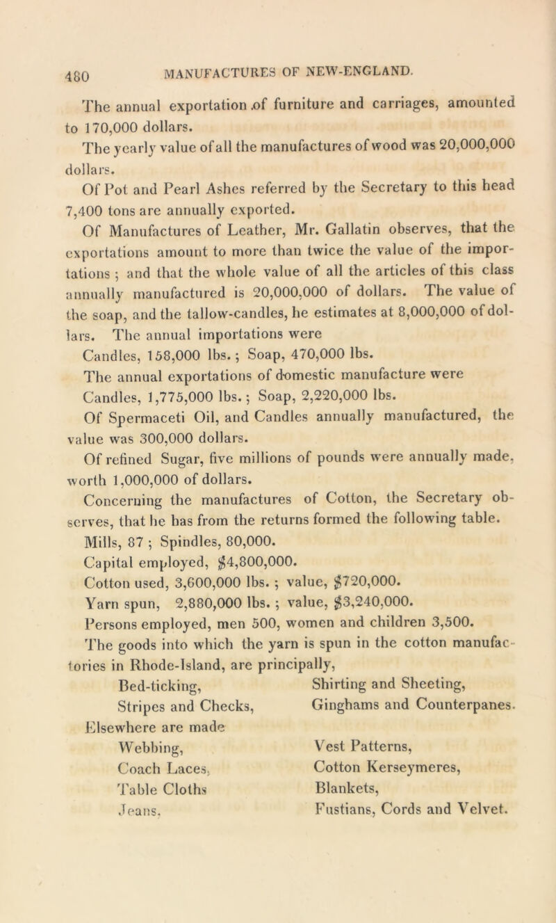 The annual exportation .of furniture and carriages, amounted to 170,000 dollars. The yearly value of all the manufactures of wood was 20,000,000 dollars. Of Pot and Pearl Ashes referred by the Secretary to this head 7,400 tons are annually exported. Of Manufactures of Leather, Mr. Gallatin observes, that the exportations amount to more than twice the value of the impor- tations 5 and that the whole value of all the articles of this class annually manufactured is 20,000,000 of dollars. The value of the soap, and the tallow-candles, he estimates at 8,000,000 of dol- lars. The annual importations were Candles, 158,000 lbs.; Soap, 470,000 lbs. The annual exportations ofd-omestic manufacture were Candles, 1,775,000 lbs.; Soap, 2,220,000 lbs. Of Spermaceti Oil, and Candles annually manufactured, the value was 300,000 dollars. Of refined Sugar, five millions of pounds were annually made, worth 1,000,000 of dollars. Concerning the manufactures of Cotton, the Secretary ob- serves, that he has from the returns formed the following table. Mills, 87 ; Spindles, 80,000. Capital employed, $4,800,000. Cotton used, 3,600,000 lbs. ; value, $720,000. Yarn spun, 2,880,000 lbs. ; value, $3,240,000. Persons employed, men 500, women and children 3,500. The goods into which the yarn is spun in the cotton manufac- tories in Rhode-lsland, are principally, Bed-ticking, Stripes and Checks, Elsewhere are made Webbing, Coach Laces. Table Cloths Jeans, Shirting and Sheeting, Ginghams and Counterpanes, Vest Patterns, Cotton Kerseymeres, Blankets, Fustians, Cords and Velvet.