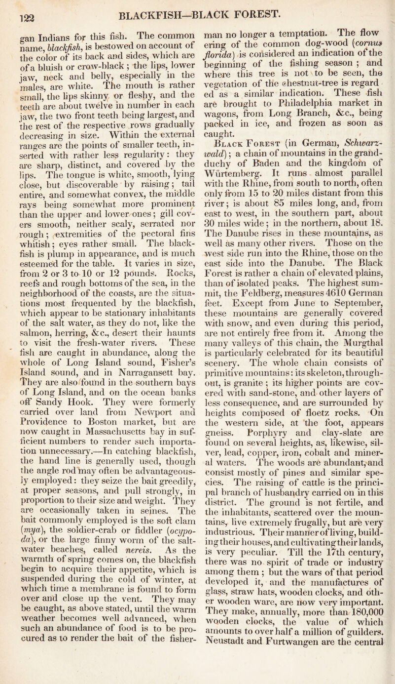 BLACKFISH—BLACK FOREST. gan Indians for this fish. The common name, blackfish, is bestowed on account of the color of its back and sides, which are of a bluish or crow-black ; the lips, lower jaw, neck and belly, especially in the males, are white. The mouth is rather small, the lips skinny or fleshy, and the teeth are about twelve in number in each jaw, the two front teeth being largest, and the rest of the respective rows gradually decreasing in size. Within the external ranges are the points of smaller teeth, in- serted with rather less regularity: they are sharp, distinct, and covered by the lips. The tongue is white, smooth, lying close, but discoverable by raising; tail entire, and somewhat convex, the middle rays being somewhat more prominent than the upper and lower ones; gill cov- ers smooth, neither scaly, serrated nor rough; extremities of the pectoral fins whitish; eyes rather small. The black- fish is plump in appearance, and is much esteemed for the table. It varies in size, from 2 or 3 to 10 or 12 pounds. Rocks, reefs and rough bottoms of the sea, in the neighborhood of the coasts, are the situa- tions most frequented by the blackfish, which appear to be stationary inhabitants of the salt water, as they do not, like the salmon, herring, &c., desert their haunts to visit the fresh-water rivers. These fish are caught in abundance, along the whole of Long Island sound, Fisher’s Island sound, and in Narragansett bay. They are also found in the southern bays of Long Island, and on the ocean banks off Sandy Hook. They were formerly carried over land from Newport and Providence to Boston market, but are now caught in Massachusetts bay in suf- ficient numbers to render such importa- tion unnecessary.—In catching blackfish, the hand line is generally used, though the angle rod may often be advantageous- ly employed: they seize the bait greedily, at proper seasons, and pull strongly, in proportion to their size and weight. They are occasionally taken in seines. The bait commonly employed is the soft clam {mya)t the soldier-crab or fiddler (ocypo- da), or the large finny worm of the salt- water beaches, called nereis. As the warmth of spring comes on, the blackfish begin to acquire their appetite, which is suspended during the cold of winter, at which time a membrane is found to form over and close up the vent. They may be caught, as above stated, until the warm weather becomes well advanced, when such an abundance of food is to be pro- cured as to render the bait of the fisher- man no longer a temptation. The flow ering of the common dog-wood (cornus jlorida) is considered an indication of the beginning of the fishing season ; and where this tree is not ^ to be seen, tho vegetation of the ehestnut-tree is regard ed as a similar indication. These fish are brought to Philadelphia market in wagons, from Long Branch, &c., being packed in ice, and frozen as soon as caught. Black Forest (in German, Schwarz- ivald); a chain of mountains in the grand- duchy of Baden and the kingdom of Wurtemberg. It runs almost parallel with the Rhine, from south to north, often only from 15 to 20 miles distant from this river; is about 85 miles long, and, from east to west, in the southern part, about 30 miles wide ; in the northern, about 18. The Danube rises in these mountains, as well as many other rivers. Those on the west side run into the Rhine, those on the east side into the Danube. The Black Forest is rather a chain of elevated plains, than of isolated peaks. The highest sum- mit, the Feldberg, measures 4610 German feet. Except from June to September, these mountains are generally covered with snow, and even during this period, are not entirely free from it. Among the many valleys of this chain, the Murgthal is particularly celebrated for its beautiful scenery. The Avhole chain consists of primitive mountains: its skeleton,through- out, is granite ; its higher points are cov- ered with sand-stone, and other layers of less consequence, and are surrounded by heights composed of floetz rocks. On the western side, at the foot, appears gneiss. Porphyry and clay-slate are found on several heights, as, likewise, sil- ver, lead, copper, iron, cobalt and miner- al waters. The woods are abundant, and consist mostly of pines and similar spe- cies. The raising of cattle is the princi- pal branch of husbandry carried on in this district. The ground is not fertile, and the inhabitants, scattered over the moun- tains, live extremely frugally, but are very industrious. Their manner of living, build- ing their houses, and cultivating their lands, is very peculiar. Till the 17th century, there was no spirit of trade or industry among them ; but the wars of that period developed it, and the manufactures of glass, straw hats, wooden clocks, and oth- er wooden ware, are now very important. They make, annually, more than 180,000 wooden clocks, the value of which amounts to over half a million of guilders. Neustadt and Furtwangen are the central