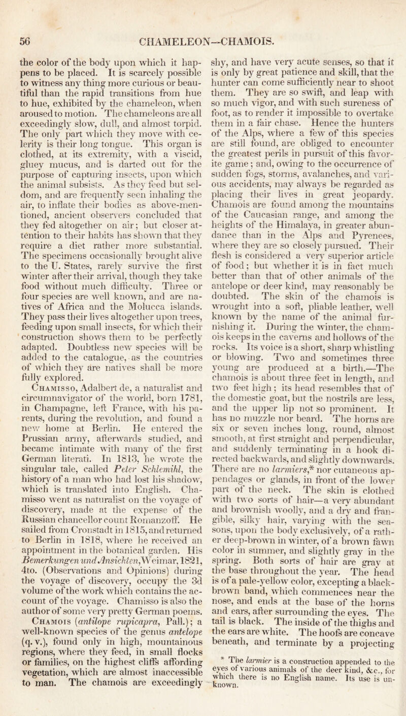 the color of the body upon which it hap- pens to be placed. It is scarcely possible to witness any thing more curious or beau- tiful than the rapid transitions from hue to hue, exhibited by the chameleon, when aroused to motion. The chameleons are all exceedingly slow, dull, and almost torpid. The only part which they move with ce- lerity is their long tongue. This organ is clothed, at its extremity, with a viscid, gluey mucus, and is darted out for the purpose of capturing insects, upon which the animal subsists. As they feed but sel- dom, and are frequently seen inhaling the air, to inflate their bodies as above-men- tioned, ancient observers concluded that they fed altogether on air; but closer at- tention to their habits has shown that they require a diet rather more substantial. The specimens occasionally brought alive to the U. States, rarely survive the first winter after their arrival, though they take food without much difficulty. Three or four species are well known, and are na- tives of Africa and the Molucca islands. They pass their lives altogether upon trees, feeding upon small insects, for which their construction shows them to be perfectly adapted. Doubtless new species will be added to the catalogue, as the countries of which they are natives shall be more fully explored. Chamisso, Adalbert de, a naturalist and circumnavigator of the world, bom 1781, in Champagne, left France, with his pa- rents, during the revolution, and found a new home at Berlin. He entered the Prussian army, afterwards studied, and became intimate with many of the first German literati. In 1813, he wrote the singular tale, called Peter Schlemihl, the history of a man who had lost his shadow, which is translated into English. Cha- misso went as naturalist on the voyage of discovery, made at the expense of the Russian chancellor count Romanzoff. He sailed from Cronstadt in 1815, and returned to Berlin in 1818, where he received an appointment in the botanical garden. His Bemerkungen und Ansichten^SSf eimar, 1821, 4to. (Observations and Opinions) during the voyage of discovery, occupy the 3d volume of the work which contains the ac- count of the voyage. Chamisso is also the author of some veiy pretty German poems. Chamois (antilope rupicapra, Pall.); a well-known species of the genus antelope (q. v.), found only in high, mountainous regions, where they feed, in small flocks or families, on the highest cliffs affording vegetation, which are almost inaccessible to man. The chamois are exceedingly shy, and have very acute senses, so that if is only by great patience and skill, that the hunter can come sufficiently near to shoot them. They are so swift, and leap with so much vigor, and with such sureness of foot, as to render it impossible to overtake them in a fair chase. Hence the hunters of the Alps, where a few of this species are still found, are obliged to encounter the greatest perils in pursuit of this favor- ite game; and, owing to the occurrence of sudden fogs, storms, avalanches, and vari- ous accidents, may always be regarded as placing their lives in great jeopardy. Chamois are found among the mountains of the Caucasian range, and among the heights of the Himalaya, in greater abun- dance than in the Alps and Pyrenees, where they are so closely pursued. Their flesh is considered a very superior article of food; but whether it is in fact much better than that of other animals of the antelope or deer kind, may reasonably be doubted. The skin of the chamois is wrought into a soft, pliable leather, well known by the name of the animal fur- nishing it. During the winter, the cham- ois keeps in the caverns and hollows of the rocks. Its voice is a short, sharp whistling or blowing. Two and sometimes three young are produced at a birth.—The chamois is about three feet in length, and two feet high ; its head resembles that of the domestic goat, but the nostrils are less, and the upper lip not so prominent. It has no muzzle nor beard. The horns are six or seven inches long, round, almost smooth, at first straight and perpendicular, and suddenly terminating in a hook di- rected backwards, and slightly downwards. There are no larmiers,* nor cutaneous ap- pendages or glands, in front of the lower part of* the neck. The skin is clothed with two sorts of hair—a very abundant and brownish woolly, and a drv and fran- gible, silky hair, varying with the sea- sons, upon the body exclusively, of a rath- er deep-brown in winter, of a brown fawn color in summer, and slightly gray in the spring. Both sorts of hair are gray at the base throughout the year. The head is of a pale-yellow color, excepting a black- brown band, which commences near the nose, and ends at the base of the horns and ears, after surrounding the eyes. The tail is black. The inside of the thighs and the ears are white. The hoofs are concave beneath, and terminate by a projecting * The lapnier is a construction appended to the eyes of various animals of the deer kind, &e., for which there is no English name. Its use is un- known.