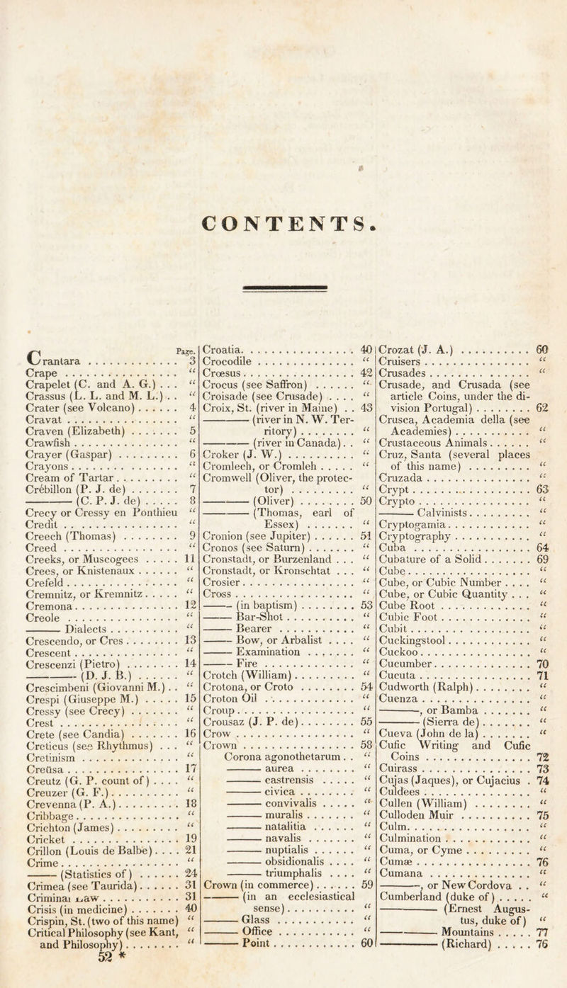 e CONTENTS. Cxi5c- rantara 3 Crape u Crapelet (C. and A. G.) . . . “ Crassus (L. L. and M. L.) . . u Crater (see Volcano) 4 Cravat “ Craven (Elizabeth) 5 Crawfish “ Crayer (Gaspar) 6 Crayons “ Cream of Tartar “ Crebillon (P. J. de) 7 (C. P. J. de) . . . 8 Crecy or Cressy en Ponthieu “ Credit “ Creech (Thomas) 9 Creed “ Creeks, or Muscogees 11 Crees, or Knistenaux “ Crefeld “ Cremnitz, or Kremnitz u Cremona 12 Creole “ Dialects “ Crescendo, or Cres 13 Crescent “ Crescenzi (Pietro) 14 (D. J. B.) “ Crescimbeni (Giovanni M.). . “ Crespi (Giuseppe M.) 15 Cressy (see Crecy) “ Crest “ Crete (see Candia) 16 Creticus (see Rhythmus) . . . “ Cretinism “ Crettsa 17 Creutz (G. P. count of) ... . “ Creuzer (G. F.) “ Crevenna(P. A.) 18 Cabbage “ Crichton (James) “ Cricket * 19 Crillon (Louis de Balbe).... 21 Crime “ (Statistics of) 24 Crimea (see Taurida) 31 Criminal juaw 31 Crisis (in medicine) 40 Crispin, St. (two of this name) “ Critical Philosophy (see Kant, u and Philosophy) “ 52 * Croatia Crocodile Croesus Crocus (see Saffron) Croisade (see Crusade) . . . . Croix, St. (river in Maine) . . (river in N. W. Ter- (river m Canada). . Croker (J. W.) Cromlech, or Cromleh Cromwell (Oliver, the protec- tor) (Oliver) (Thomas, earl of Essex) Cronion (see Jupiter) Cronos (see Saturn) Cronstadt, or Burzenland . . . Cronstadt, or Kronschtat . . . Crosier Cross Bearer Bow, or Arbalist .... Examination ....... Fire Crotch (William) Crotona, or Croto Croton Oil .' Croup Crousaz (J. P. de) Crow Crown Corona agonothetarum. . aurea castrensis civica convivalis muralis natalitia navalis nuptialis ...... obsidionalis .... triumphalis .... Crown (in commerce) (in an ecclesiastical sense) Glass Office Point 40l u 42 u. U 43 U U u u u 50 u 51 u u u u u 53 u u u u u u 54 u u 55 u 58 c: u u u IX- u u u u u u 59 (C u u 60 Crozat (J. A.) 60 Cruisers “ Crusades “ Crusade, and Crusada (see article Coins, under the di- vision Portugal) 62 Crusca, Academia della (see Academies) “ Crustaceous Animals u Cruz, Santa (several places of this name) u Cruzada u Crypt 63 Crypto 11 Calvinists u Cryptogamia “ Cryptography “ Cuba 64 Cubature of a Solid 69 Cube “ Cube, or Cubic Number .... “ Cube, or Cubic Quantity ... u Cube Root u Cubic Foot “ Cubit “ Cuckingstool u Cuckoo “ Cucumber 70 Cucuta 71 Cudworth (Ralph) u Cuenza “ , or Bamba u (Sierra de) “ Cueva (John de la) “ Cufic W riting and Cufic Coins 72 Cuirass 73 Cujas (Jaques), or Cujacius . 74 Culdees u Cullen (William) “ Culloden Muir 75 Culm “ Culmination “ Cuma, or Cyme “ Cumae 76 Cumana u , or New Cordova . . u Cumberland (duke of) u (Ernest Augus- tus, duke of) “ — Mountains 77 (Richard) 76