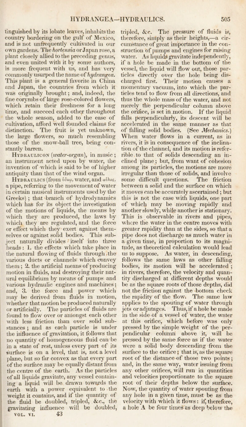 tinguished by its lobate leaves, inhabits the country bordering on the gulf of Mexico, and is not unfrequently cultivated in our own gardens. The hortensia or Japan rose, a plant closely allied to the preceding genus, and even united with it by some authors, is more frequent with us, and has very commonly usurped the name of hydrangea. This plant is a general favorite in China and Japan, the countries from which it was originally brought; and, indeed, the line corymbs of large rose-colored dowers, which retain their freshness for a long- time, and succeed each othqr throughout the whole season, added to the ease of cultivation, afford well founded claims for distinction. The fruit is yet unknown, the large dowers, so much resembling those of the snow-ball tree, being con- stantly barren. Hydraulicon (u'ater-orgcin), in music ; an instrument acted upon by water, the invention of which is said to be of higlier antiquity than that of the wind organ. Hydraulics (from Wwp, water, and av\o$, a pipe, referring to the movement of water in certain musical instruments used by the Greeks) ; that branch of hydrodynamics which has for its object the investigation of the motions of liquids, the means by which they are produced, the laws by which they are regulated, and the force or effect which they exert against them- selves or against solid bodies. This sub- ject naturally divides itself into three heads : 1. the effects which take place in the natural dowing of duids through the various ducts or channels which convey them; 2. the artidcial means of producing motion in duids, and destroying their nat- ural equilibrium by means of pumps and various hydraulic engines and machines; and, 3. the force and power which may be derived from duids in motion, whether that motion be produced naturally or artidcially. The particles of duids are found to dow over or amongst each other with less friction than over solid sub- stances ; and as each particle is under the induence of gravitation, it follows that no quantity of homogeneous duid can be in a state of rest, unless eveiy part of its •surface is on a level, that is, not a level plane, but so far convex as that every part of the surface may be equally distant from the centre of the earth. As the particles of all liquids gravitate, any vessel contain- ing a liquid will be drawn towards the earth with a power equivalent to the weight it contains, and if the quantity of the duid be doubled, tripled, &c., the gravitating induence will be doubled, vol. vi. 43 tripled, &c. The pressure of duids is, therefore, simply as their heights,—a cir- cumstance of great importance in the con- struction of pumps and engines for raising water. As liquids gravitate independently, if a hole be made in the bottom of the vessel, the liquid will dow out, those par- ticles directly over the hole being dis- charged first. Their motion causes a momentary vacuum, into which the par- ticles tend to dow from all directions, and thus the whole mass of the water, and not. merely the perpendicular column above the orifice, is set in motion. If the liquid falls perpendicularly, its descent will be accelerated in the same manner as that of falling solid bodies. (See Mechanics.) When water dows in a current, as in rivers, it is in consequence of the inclina- tion of the channel, and its motion is refer- rible to that of solids descending an in- clined plane ; but, from want of cohesion among its particles, the motions are more irregular than those of solids, and involve some difficult questions. The friction between a solid and the surface on which it moves can be accurately ascertained ; but this is not the case with liquids, one part of which may be moving rapidly and another slowly, while another is stationary. This is observable in rivers and pipes, where the water in the centre moves with greater rapidity than at the sides, so that a pipe does not discharge as much water in a given time, in proportion to its magni- tude, as theoretical calculation would lead us to suppose. As water, in descending, follows the same laws as other falling bodies, its motion will be accelerated ; in rivers, therefore, the velocity and quan- tity discharged at different depths would be as the square roots of those depths, did not the friction against the bottom check the rapidity of the flow. The same law applies to the spouting of water through jets or adjutages. Thus, if a hole be made in the side of a vessel of water, the water at this orifice, which before was only pressed by the simple weight of the per- pendicular column above it, will be pressed by the same force as if the water were a solid body descending from the surface to the orifice; that is, as the square root of the distance of those two points ; and, in the same way, water issuing from any other orifices, will run in quantities and velocities proportionate to the square root of their depths below the surface. Now, the quantity of water spouting from any hole in a given time, must be as the velocity with which it flows: if, therefore, a hole A be four times as deep below the