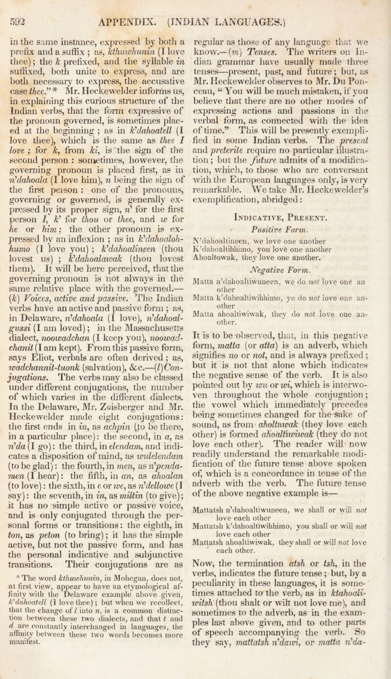 in the same instance, expressed by both a prefix and a suffix ; as, kthuwhunin (I love thee); the k prefixed, and the syllable in suffixed, both unite to express, and are both necessary to express, the accusative case thee.” * Mr. Heckewelder informs us, in explaining this curious structure of the Indian verbs, that the form expressive of the pronoun governed, is sometimes plac- ed at the beginning ; as in kldahoatell (I love thee), which is the same as thee I love ; for k, from ki, is the sign of the second person : sometimes, however, the governing pronoun is placed first, as in n’dahoala (I love him), n being the sign of the first person : one of the pronouns, governing or governed, is generally ex- pressed by its proper sign, n’ for the first person 1, Id for thou or thee, and w for he or him; the other pronoun is ex- pressed by an inflexion ; as in k’dahoaloh- humo (I love you) ; kldahoalinpen (thou lovest us) ; khlahoalmvak (thou lovest them). It will be here perceived, that the governing pronoun is not always in the same relative place with the governed.— (&) Voices, active and passive. The Indian verbs have an active and passive form ; as, in Delaware, n’dahoala (I love), nldahoal- gussi (I am loved); in the Massachusetts dialect, nooivadchan (I keep you), nooivad- chanii (I am kept). From this passive form, says Eliot, verbals are often derived; as, wadchannit-tuonk (salvation), &c.—(l)Con- jugations. The verbs may also be classed under different conjugations, the number of which varies in the different dialects. In the Delaware, Mr. Zeisberger and Mr. Heckewelder made eight conjugations: the first ends in in, as achpin (to be there, in a particular place): the second, in a, as n’dh(X go): the third, inelendam, and indi- cates a disposition of mind, as widelendam (to be glad): the fourth, in men, as Npenda- men (I hear): the fifth, in an, as ahoalan (to love): the sixth, in e or we, as n’dellowe (I say): the seventh, in in, as miltin (to give); it has no simple active or passive voice, and is only conjugated through the per- sonal forms or transitions: the eighth, in ton, as peton (to bring); it has the simple active, but not the passive form, and has the personal indicative and subjunctive transitions. Their conjugations are as * The word kthuwhunin, in Mohegan, does not, at first view, appear to have an etymological af- finity with the Delaware example above given, k’dahoatell (1 love thee); but when we recollect, that the change of l into n, is a common distinc- tion between these two dialects, and that t and d are constantly interchanged in languages, the affinity between these two words becomes more manifest. regular as those of any language that we know.—(to) Tenses. The writers on In- dian grammar have usually made three tenses—present, past, and future; but, as Mr. Heckewelder observes to Mr. Du Pon- ceau, “ You will be much mistaken, if you believe that there are no other modes of expressing actions and passions in the verbal form, as connected with the idea of time.” This will be presently exempli- fied in some Indian verbs. The present and preterite require no particular illustra- tion ; but the future admits of a modifica- tion, which, to those who are conversant with the European languages only, is very remarkable. We take Mr. Heckewelder’s exemplification, abridged: Indicative, Present. Positive Form. N'dahoaltineen, we love one another K'dahoaltihhimo, you lovb one another Ahoaltowak, they love one another. Negative Form. Malta nhlahoaltiwuneen, we do not love one an other Malta k'dahoalliwihhimo, ye do not love one an- other Malta ahoaltiwiwak, they do not love one an- other. It is to be observed, that, in this negative form, matta (or atta) is an adverb, which signifies no or not, and is always prefixed ; but it is not that alone which indicates the negative sense of the verb. It is also pointed out by ivu or ivi, which is interwo- ven throughout the whole conjugation; the vowel which immediately precedes being sometimes changed for the sake of sound, as from aholtawak (they love each other) is formed ahoaltiwiwak (they do not love each other). The reader will now readily understand the remarkable modi- fication of the future tense above spoken of, which is a concordance in tense of the adverb with the verb. The future tense of the above negative example is— Mattatsh lfdahoaltiwuneen, we shall or will not love each other Mattatsh k’dahoaltiwihhimo, you shall or will not love each other Mattatsh ahoaltiwiwak, they shall or will not love each other. Now, the termination atsh or tsh, in the verbs, indicates the future tense; but, by a peculiarity in these languages, it is some- times attached to the verb, as in ktahoali- witsh (thou shalt or wilt not love me), and sometimes to the adverb, as in the exam- ples last above given, and to other parts of speech accompanying the verb. So they say, mattatsh n'dawi, or matta rCda-