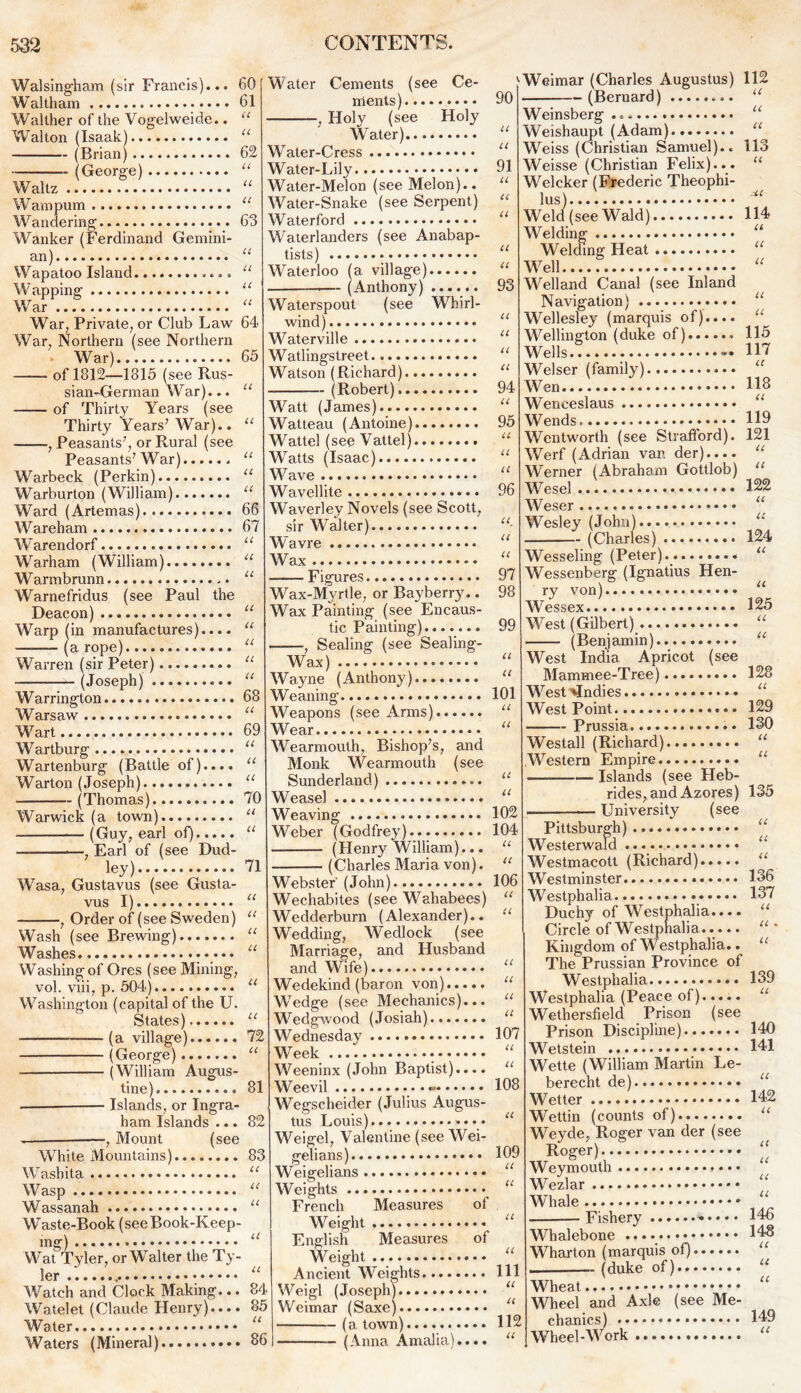 Walsingham (sir Francis)... 60 Waltham 61 Walther of the Vogelweide.. “ Walton (Isaak) “ (Brian) 62 (George) “ tt Waltz Wampum Wandering 63 Wanker (Ferdinand Gemini- an) “ Wapatoo Island Wapping War “ War, Private, or Club Law 64 War, Northern (see Northern > War) of 1812—1315 (see Rus- sian-German War)... of Thirty Years (see Thirty Years’ War).. ■ , Peasants7, or Rural (see Peasants7 War) Warbeck (Perkin) Warburton (William) Ward (Artemas) 66 Wareham 67 tt 65 tt u Warendorf Warham (William) Warmbrunn Warnefridus (see Paul Deacon) Warp (in manufactures), (a rope). U the Warren (sir Peter) (Joseph) u it u Warrington 68 Warsaw u Wart 69 Wartburg “ Wartenburg (Battle of).... “ Warton (Joseph) “ • —(Thomas) 70 Warwick (a town) (Guy, earl of) Earl of (see Dud- %)• U 71 U U U U Water Cements (see Ce- nlents) , Holy (see Holy Water) Water-Cress Water-Lily Water-Melon (see Melon).. Water-Snake (see Serpent) Waterford Waterlanders (see Anabap- tists) Waterloo (a village) — (Anthony) Waterspout (see Whirl- wind) . Waterville Watlingstreet Watson (Richard). - (Robert).. Watt (James). Watteau (Antoine) Wattel (see Vattel) Watts (Isaac)... Wave Wavellite Waverley Novels (see Scott, sir Walter) Wavre Wax Figures. Wasa, Gustavus (see Gusta- vus I) , Order of (see Sweden) Wash (see Brewing) Washes Washing of Ores (see Mining, vol. viii, p. 504) Washington (capital of the U. States) (a village) 72 — (George) (William Augus- tine) 81 — Islands, or Ingra- ham Islands ... 82 — —, Mount (see White Mountains) 83 Washita “ Wasp “ Wassanah “ Waste-Book (seeBook-Keep- ing) Wat Tyler, or Walter the Ty- ler Watch and Clock Making... Watelet (Claude Henry).... Water Waters (Mineral) • • Wax-Myrtle, or Bayberry.. Wax Painting (see Encaus- tic Painting) —, Sealing (see Sealing- Wax) Wayne (Anthony) Weaning Weapons (see Arms). Wear Wearmouth, Bishop’s, and Monk Wearmouth (see Sunderland) Weasel Weaving Weber (Godfrey)... (Henry William)... (Charles Maria von). u it 84 85 it 86 Webster' (John) Wechabites (see Wahabees) Wedderburn (Alexander).. Wedding, Wedlock (see Marriage, and Husband and Wife) Wedekind (baron von) Wedge (see Mechanics)... Wedgwood (Josiah) Wednesday Week Weeninx (John Baptist).... Weevil Wegscheider (Julius Augus- tus Louis). • • • Weigel, Valentine (see Wei- gelians) Weigelians 90 it it 91 u tt tt tt 93 tt a tt 94 tt 95 tt it 96 ti- lt a 97 98 99 it tt 101 it u u u 102 104 u u 106 u Weimar (Charles Augustus) 112 - (Bernard) tt U U 113 tt Weinsberg Weishaupt (Adam) Weiss (Christian Samuel).. Weisse (Christian Felix)... Welcker (Frederic Theophi- lus) Weld (see Wald) 114 Welding u Welding Heat “ Well “ Welland Canal (see Inland Navigation) “ Wellesley (marquis of).... “ Wellington (duke of) ■> 115 Wells - H7 Weiser (family) a Wen 113 Wenceslaus “ Wends. H9 Wentworth (see Strafford). 121 Werf (Adrian van der).... “ Werner (Abraham Gottlob) “ Wesel 122 Weser Wesley (John)... - (Charles) U u 124 li Wesseling (Peter). Wessenberg (Ignatius Hen- ry von) Wessex 125 West (Gilbert) u (Benjamin) “ West India Apricot (see Mammee-Tree) 128 West ^Indies “ West Point 129 Prussia • 130 it it Westall (Richard) Western Empire “ Islands (see Heb- rides, and Azores) 135 University (see it Weights French Measures Weight English Measures Weight Ancient Weights Weigl (Joseph) Weimar (Saxe) (a town) (Anna Amalia), tt U U 107 U 108 U 109 tt tt of of 111 it it 112 tt tt tt. tt 139 it Pittsbur; Westerwaid Westmacott (Richard) Westminster 136 Westphalia 137 Duchy of Westphalia.... “ Circle of Westphalia..... Kingdom of Westphalia.. The Prussian Province of Westphalia Westphalia (Peace of)..... Wethersfield Prison (see Prison Discipline) 140 Wetstein 141 Wette (William Martin Le- berecht de) Wetter 142 Wettin (counts of) “ Weyde, Roger van der (see Roger) Weymouth Wezlar Whale Fishery 146 Whalebone 143 Wharton (marquis of) “ (duke of) “ Wheat Wheel and Axle (see Me- chanics) 149 Wheel-Work u