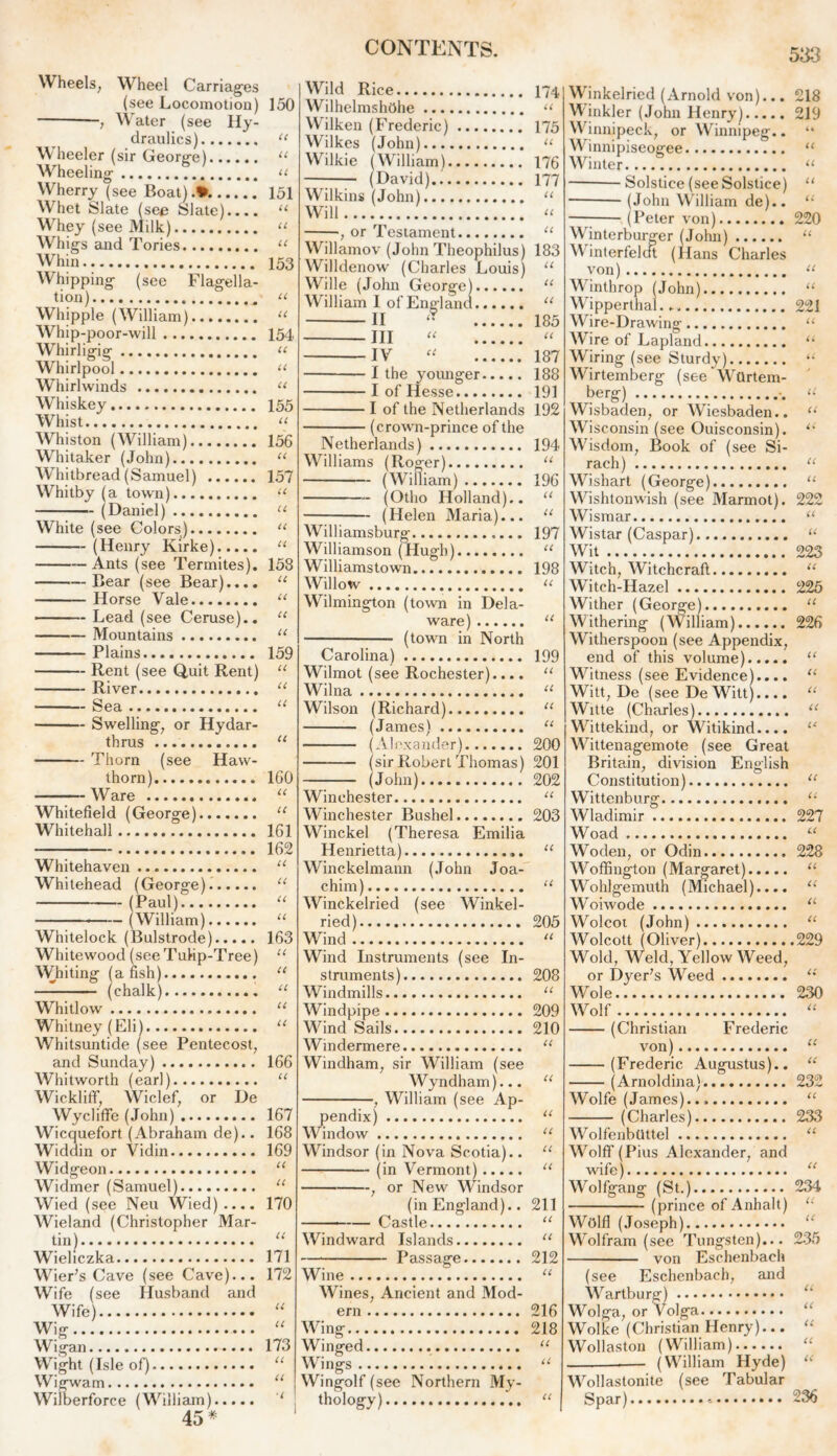 Wheels, Wheel Carriages (see Locomotion) 150 —, Water (see Hy- draulics) u \\ heeler (sir George) u Wheeling Wherry (see Boat) .*. 151 Whet Slate (see Slate) “ Whey (see Milk) “ Whigs and Tories u Whin 153 Whipping (see Flagella- tion) “ Whipple (William) “ Whip-poor-will 154 Whirligig “ Whirlpool “ Whirlwinds “ Whiskey 155 Whist “ Whiston (William) 156 Whitaker (John) “ Whitbread (Samuel) 157 Whitby (a town) “ (Daniel) “ White (see Colors) “ (Henry Kirke) “ Ants (see Termites). 158 -—Bear (see Bear).... “ Horse Vale “ Lead (see Ceruse).. 11 Mountains “ Plains.... 159 Rent (see Quit Rent) “ River “ Sea u Swelling, or Hydar- thrus “ Thorn (see Haw- thorn) 160 Ware u Whitefield (George) “ Whitehall 161 162 Whitehaven “ Whitehead (George). “ (Paul) “ (William) “ Whitelock (Bulstrode) 163 Whitewood (see Tulip-Tree) “ Whiting (a fish) u (chalk) “ Whitlow u Whitney (Eli) u Whitsuntide (see Pentecost, and Sunday) 166 Whitworth (earl) “ Wickliff, Wiclef, or De Wycliffe (John) 167 Wicquefort (Abraham de).. 168 Widdin or Vidin 169 Widgeon u Widmer (Samuel) “ Wied (see Neu Wied).... 170 Wieland (Christopher Mar- tin) “ Wieliczka 171 Wier’s Cave (see Cave)... 172 Wife (see Husband and Wife) “ Wig “ Wigan 173 Wight (Isle of) “ Wigwam “ Wilberforce (William) 45 * CONTENTS. Wild Rice 174 WilhelmshOhe “ Wilken (Frederic) 175 Wilkes (John) “ Wilkie (William) 176 —: (David).. 177 Wilkins (John) “ Will “ , or Testament “ Willamov (John Theophilus) 183 Willdenow' (Charles Louis) “ Wille (John George) “ William I of England “ II 185 III “ “ IV « 187 I the younger 188 I of Hesse 191 I of the Netherlands 192 (crown-prince of the Netherlands) 194 Williams (Roger) u (William) 196 (Otlio Holland).. “ (Helen Maria)... u Williamsburg 197 Williamson (Hugh) u Williamstown 198 Willow u Wilmington (town in Dela- ware) “ (town in North Carolina) 199 Wilmot (see Rochester).... “ Wilna u Wilson (Richard) “ (James) “ (Alexander) 200 — (sir Robert Thomas) 201 (John) 202 Winchester “ Winchester Bushel 203 Winckel (Theresa Emilia Henrietta) “ Winckelmann (John Joa- chim) “ Winckelried (see Winkel- ried) 205 Wind “ Wind Instruments (see In- struments) 208 Windmills “ Windpipe 209 Wind Sails 210 Windermere “ Windham, sir William (see Wyndham)... “ , William (see Ap- pendix) u Window “ Windsor (in Nova Scotia).. “ (in Vermont) u , or New Windsor (in England).. 211 Castle u Windward Islands “ Passage 212 Wine “ Wines, Ancient and Mod- ern 216 Wing.. 218 Winged “ Wings “ Wingolf (see Northern My- thology) “ 533 Winkelried (Arnold von)... 218 Winkler (John Henry) 219 Winnipeck, or Winnipeg.. Winnipiseogee “ Winter 11 Solstice (see Solstice) “ (John William de).. u — (Peter von) 220 Whnterburger (John) “ Winterfelat (Hans Charles von) « Winthrop (John) “ Wripperthal. 221 Wire-Drawing “ Wire of Lapland u Wiring (see Sturdy) u Wirtemberg (see'Wartem- berg) u Wisbaden, or Wiesbaden.. “ Wisconsin (see Ouisconsin). 11 Wisdom, Book of (see Si- rach) “ Wishart (George) “ Wishtonwish (see Marmot). 222 Wismar “ Wistar (Caspar) “ Wit 223 Witch, Witchcraft “ Witch-Hazel 225 Wither (George) “ Withering (William) 226 Witherspoon (see Appendix, end of this volume) “ Witness (see Evidence).... u Witt, De (see De Witt).... “ Witte (Charles) 11 Writtekind, or Witikind.... 1‘ W^ittenagemote (see Great Britain, division English Constitution) u Wittenburg “ Wladimir 227 Woad u Woden, or Odin 228 Woffington (Margaret) u Wrohlgemuth (Michael).... “ Woiwode u Wolcot (John) “ Wolcott (Oliver) 229 Wold, Weld, Yellow Weed, or DyePs Wreed u Wole 230 Wolf “ (Christian Frederic von) “ (Frederic Augustus).. “ (Arnoldina) 232 Wolfe (James). “ (Charles) 233 WolfenbUttel “ Wolff (Pius Alexander, and wife) “ Wolfgang (St.) 234 (prince of Anhalt) “ Wblfl (Joseph) “ Wolfram (see Tungsten)... 235 von Eschenbach (see Eschenbach, and Wartburg) ;‘ Wolga, or Volga Wolke (Christian Henry)... “ Wollaston (William) “ (William Hyde) u Wollastonite (see Tabular Spar) 236