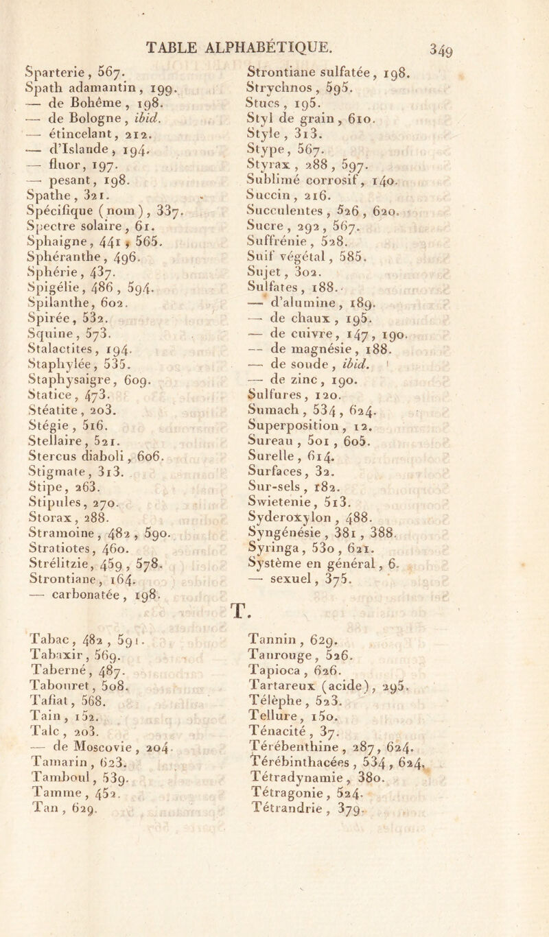 Sparterie, 567. Spath adamantin, 199. — de Bohême, 198. ■— de Bologne , ibid. — étincelant, 212. -— d’Islande, 194. — fluor, 197. — pesant, 198. Spathe, 3a 1. Spécifique (nom), 337. Spectre solaire, 61. Sphaigne, 441 , 565. Sphéranthe, 496. Sphérie, 437. Spigélie , 486 , 59/I- Spilanthe, 602. Spirée, 532. Squine, 573. Stalactites, 194. Staphylée, 535. Staphysaigre, 609. Statice, 47T Stéatite, ao3. Stégie , 516. Stellaire ,521. Stercus diaboli, 606. Stigmate, 3i3. Stipe, 263. Stipules, 270. Storax, 288. Stramoine, 482 , 5go. Stratiotes, 460. Strélitzie, 4^9, 578. Strontiane, 164. — carbonatée, 198. Tabac, 482 ,591. Tabaxir, 569. Taberné, 487. Tabouret, 5o8. Tafiat, 568. Tain , i52. Talc , 2o3. — de Moscovie, 204 Tamarin , 623. Tamboul, 53q. Tarn me, 452. Tan , 629. Strontiane sulfatée, 198. Strychnos, 5q5. Stucs , 195. Styl de grain, 610. Style , 3i3. Stype, 567. Styrax, 288, 697. Sublimé corrosif, 140. Succin ,216. Succulentes , £26 , 620. Sucre , 292 , 567. Suffrénie, 528. Suif végétal, 585. Sujet, 3o2. Sulfates, 188. • — d’alumine, 189. — de chaux , 195. — de cuivre, 147, 190. — de magnésie, 188. — de soude, ibid. 1 — de zinc, 190. Sulfures, 120. Sumach, 534, 624* Superposition, 12. Sureau , 5oi , 6o5. Surelie ,614. Surfaces, 32. Sur-sels , 182. Swietenie, 5i3. Syderoxylon , 488. Syngénésie , 38i , 388. Syringa , 53o , 621. Système en général, 6. — sexuel, 375, t. * * Tannin, 629. Tanrouge, 5a6. Tapioca , 626. Tartareux (acide), 295. Télèphe, 523. Tellure, i5o. Ténacité, 37. Térébenthine, 287, 624. Térébinthacées , 534, 624. Tétradynamie, 38o. Tétragonie, 524* Tétrandrie, 379.