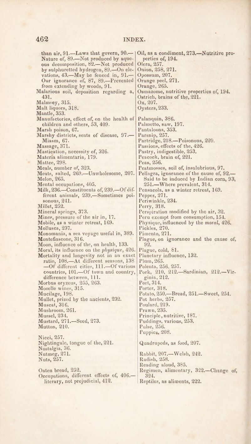than air, 91.—Laws that govern, 90.— Nature of, 89.—Not produced by aque- ous decomposition, 82.—Not produced by sulphuretted hydrogen, 89.—On ele- vations, 43.—May be fenced in, 91.— Our ignorance of, 87, 89.—Prevented from extending by woods, 91. Malarious soil, deposition regarding a, 431. Malmsey, 315. Malt liquors, 318. Mantle, 353. Manufactories, effect of, on the health of children and others, 53, 409. Marsh poison, 67. Marshy districts, seats of disease, 97.— Miasm, 67- Massage, 371. Mastication, necessity of, 326. Materia alirnentaria, 179. Mattee, 298. Meals, number of, 323. Meats, salted, 269.—Unwholesome, 207. Melon, 265. Mental occupations, 405. Milk, 236.—Constituents of, 239.—Of dif- ferent animals, 239.—Sometimes poi- sonous, 241. Millet, 252. Mineral springs, 373. Mines, pressure of the air in, 17. Mobile, as a winter retreat, 169. Mollusca, 237. Monomania, a sea voyage useful in, 389. Montefiascone, 316. Moon, influence of the, on health, 133. Moral, its influence on the 'physique, 426. Mortality and longevity not in an exact ratio, 108.—At different seasons, 138. —Of different cities. 111.—Of various countries, 101.—Of town and country, difference between, 111. Morbus oryzeus, 255, 263. Moselle wines, 315. Mucilage, 198. Mullet, prized by the ancients, 232. Muscat, 316. Mushroom, 261. Mussel, 234. Mustard, 271.—Seed, 273. Mutton, 210. Nicci, 257. Nightingale, tongue of the, 221. Nostalgia, 36. Nutmeg, 271. Nuts, 257. Oaten bread, 252. Occupations, different effects of, 406.— literary, not prejudicial, 412. Oil, as a condiment, 273.—Nutritive pro- perties of, 194. Olera, 257. Onion, 258, 271. Opossum, 207. Orange peel, 271. Orange, 265. Osmazome, nutritive properties of, 194. Ostrich, brains of the, 221. Ox, 207. Oysters, 233. Palanquin, 386. Palmetto, saw, 197. Pantaloons, 353. Parsnip, 257. Partridge, 218.—Poisonous, 220. Passions, effects of the, 426. Pastry, indigestible, 253. Peacock, brain of, 221. Peas, 256. Peatmosses, soil of, insalubrious, 97. Pellagra, ignorance of the cause of, 92.—- Said to be induced by Indian corn, 93, 251.—Where prevalent, 314. Pensacola, as a winter retreat, 169. Pepper, 271. Periwinkle, 234. Perry, 318. Perspiration modified by the air, 32. Peru exempt from consumption, 154. Physique, influenced by the moral, 426, Pickles, 270. Pimento, 271. Plague, on ignorance and the cause of, 92. Plague, cold, 81. Planetary influence, 132. Plum, 265. Polenta, 256, 257. Pork, 210, 212.—Sardinian, 212.—Vir- ginia, 212. Port, 314. Porter, 318. Potato, 250.—Bread, 25L—Sweet, 254. Pot herbs, 257. Poulard, 219. Prawn, 235. Principle, nutritive, 187. Puddings, various, 253. Pulse, 256. Puppies, 208. Quadrupeds, as food, 207. Rabbit, 207.—Welsh, 242. Radish, 258. Reading aloud, 385. Regimen, alimentary, 3'22.—Change of, 324. 1 Reptiles, as aliments, 222.