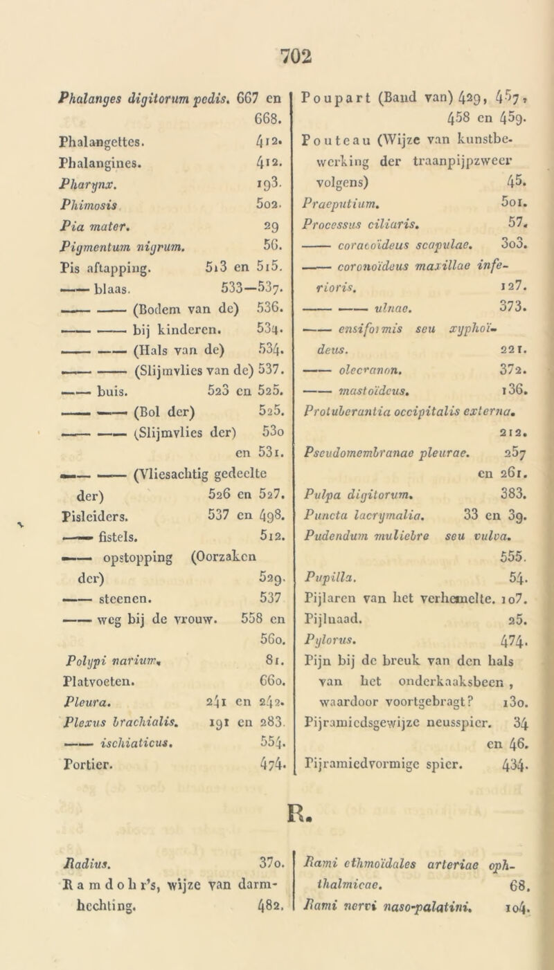 -v Phalanges digitorum pedis. 667 en G68. Phalangettes. 412. Pbalangines. 412. Pharynx. ig3. Phimosis 5o2. Pia mater. 29 Pigmentum nigrum. 5G. Pis aftappiiig. 5i3 en 515. —-— blaas. 533- -537. (Bodem van de) 536. -— • —— bij kinderen. 534. . . (Hals van de) 534. .■ - (Slijmvlies van de) 537. buis. 523 en 525. — (Bol der) 525. — ^Slijmvlies der) 53o en 53i. — —— (Yliesachtig gedeelte der) 526 en 527. Pisleiders. 537 en 498. —— fistels. 5l2. — opstopping (Oorzaken der) 529. —— steen en. 537 —— weg bij de vrouw. 558 en 56o. Polypi nariurr. 81. Platvoeten. G60. Pleura. 2ji en 242. Plexus Irachialis. 191 en 283. —— ischiaticus. Portier. 554. 4?4. Poupart (Band van) 429, 4-^7» 458 en 4^9. Poutcau (Wijze van kunstbe- werking der traanpijpzweei* volgens) 45. Praeputium. 5oi. Processus ciliaris. 57. coracoïdeus scapulae. 3o3. ——• coronoïdeus maxillae infe- rioris. J27. —— ulnao. 373. ■ ensifoimis seu xyphoï- deus. 22 r. olecrcmon. 372. mastoïdeus. 136. Protuleranlia occipital is exlerna. 2 12. Pscudomemlranao pleurae. en 261. Pulpa digitorum. 383. Puncta lacrymalia. 33 en 3g. Pudendum niuliebre seu vulva. 555. Pupilla. 54. Pijlaren van liet verhemelte. io7. Pijluaad. a5. Pylorus. 474. Pijn bij de breuk van den bals van bet onderkaaksbeen , waardoor voortgebragt? i3o. Pijramicdsgewijze neusspier. 34 en 46. Fijramicdvormigc spier. 434- Radius. 37o. P a m d o b r’s, wijze van darm- hcchting. 482. Rami ethmoïdales arteriae oph- thalmicae. 68. Rami nerri naso-palaUni. io4*