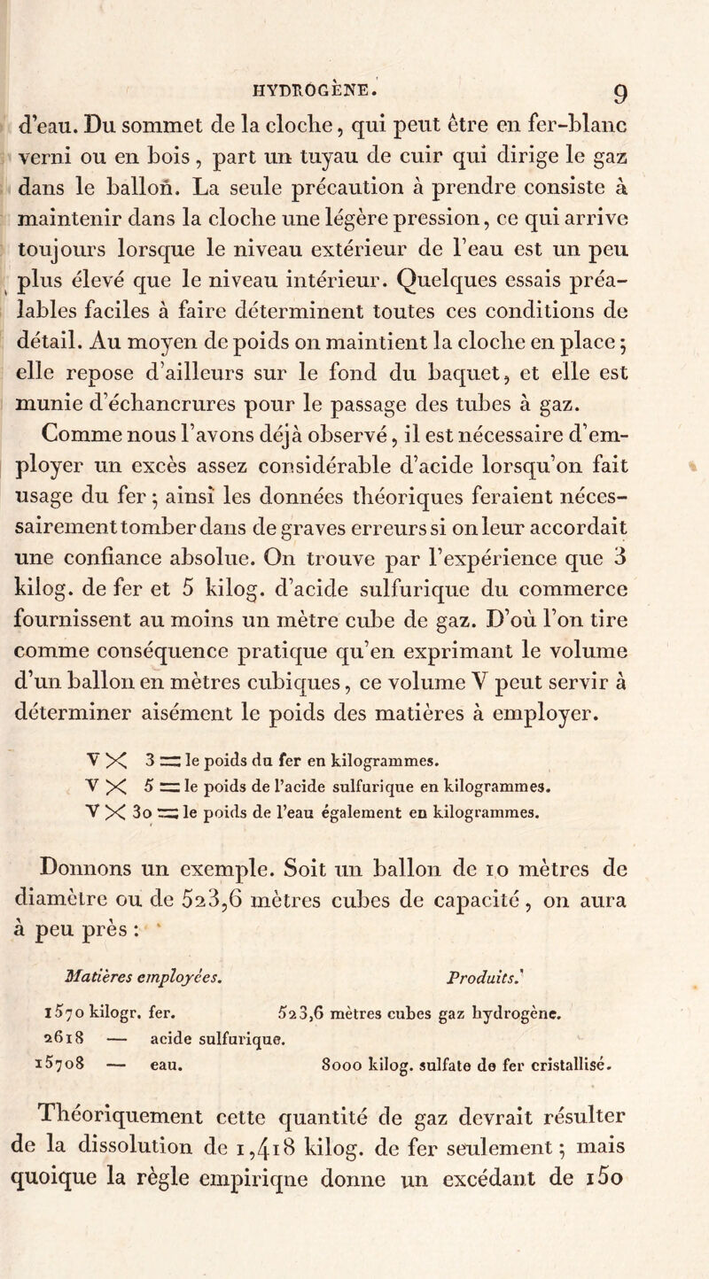 d’eau. Du sommet de la cloche, qui peut être en fer-blanc verni ou en bois, part un tuyau de cuir qui dirige le gaz dans le ballon. La seule précaution à prendre consiste à maintenir dans la cloche une légère pression, ce qui arrive toujours lorsque le niveau extérieur de beau est un peu plus élevé que le niveau intérieur. Quelques essais préa- lables faciles à faire déterminent toutes ces conditions de détail. Au moyen de poids on maintient la cloche en place ; elle repose d’ailleurs sur le fond du baquet, et elle est munie d’échancrures pour le passage des tubes à gaz. Comme nous l’avons déjà observé, il est nécessaire d’em- ployer un excès assez considérable d’acide lorsqu’on fait usage du fer ; ainsi les données théoriques feraient néces- sairement tomber dans de graves erreurs si on leur accordait une confiance absolue. On trouve par l’expérience que 3 kiiog. de fer et 5 kilog. d’acide sulfurique du commerce fournissent au moins un mètre cube de gaz. D’où l’on tire comme conséquence pratique qu’en exprimant le volume d’un ballon en mètres cubiques, ce volume V peut servir à déterminer aisément le poids des matières à employer. V X 3~le poids du fer en kilogrammes. V X 5 le poids de l’acide sulfurique en kilogrammes. V X 3o le poids de l’eau également en kilogrammes. Donnons un exemple. Soit un ballon de 10 mètres de diamètre ou de 523,6 mètres cubes de capacité, on aura à peu près : * Matières employées. Produits ' 1^70 kilogr. fer. 523,6 mètres cubes gaz hydrogène. 2618 — acide sulfurique. 15708 — eau. 8000 kilog. sulfate de fer cristallisé. Théoriquement cette quantité de gaz devrait résulter de la dissolution de kilog. de fer seulement; mais quoique la règle empiriqne donne un excédant de i5o