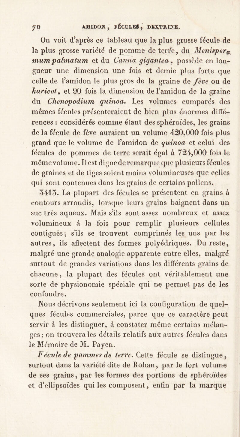 On voit d’après ce tableau que la plus grosse fécule de la plus grosse variété de pomme de terre, du Menisperm mumpalmatum et du Canna gigantea, possède en lon- gueur une dimension une fois et demie plus forte que celle de l’amidon le plus gros de la graine de feve ou de haricot, et 90 fois la dimension de l’amidon de la graine du Chenopodium quinoa. Les volumes comparés des mêmes fécules présenteraient de bien plus énormes diffé- rences : considérés comme étant des sphéroïdes, les grains de la fécule de fève auraient un volume 420.000 fois plus grand que le volume de l’amidon de gainoai et celui des fécules de pommes de terre serait égal à 724,000 fois le même volume. Il est digne de remarque que plusieurs fécules de graines et de tiges soient moins volumineuses que celles qui sont contenues dans les grains de certains pollens. 5415. La plupart des fécules se présentent en grains à contours arrondis, lorsque leurs grains baignent dans un suc très aqueux. Mais s’ils sont assez nombreux et assez volumineux à la fois pour remplir plusieurs cellules contiguës; s’ils se trouvent comprimés les uns par les autres, ils affectent des formes polyédriques. Du reste, malgré une grande analogie apparente entre elles, malgré surtout de grandes variations dans les differents grains de chacune, la plupart des fécules ont véritablement une sorte de physionomie spéciale qui ne permet pas de les confondre. Nous décrivons seulement ici la configuration de quel- ques fécules commerciales, parce que ce caractère peut servir à les distinguer, à constater même certains mélan- ges; on trouvera les détails relatifs aux autres fécules dans le Mémoire de M. Payen. Fécule de pommes de terre. Cette fécule se distingue, surtout dans la variété dite de Rohan, par le fort volume de ses grains, par les formes des portions de sphéroïdes et d’ellipsoïdes qui les composent, enfin par la marque