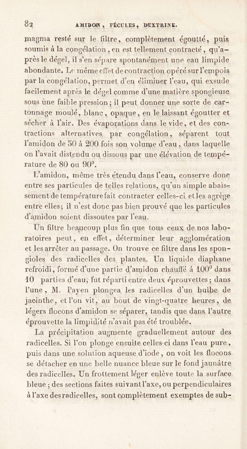 magma resté sur ïe filtre, complètement égoutté, puis soumis à la congélation , en est tellement, contracté , qu’a- près le dégel, il s’en sépare spontanément une eau limpide abondante. Le même effet de contraction opéré sur l’empois par la congélation, permet d’en éliminer l’eau, qui exsude facilement après le dégel comme d’une matière spongieuse sous une faible pression ; il peut donner une sorte de car- tonnage moulé, blanc, opaque, en le laissant égoutter et sécher à l’air. Des évaporations dans le vide, et des con- tractions alternatives par congélation, séparent tout l’amidon de 50 à 200 fois son volume d’eau, dans laquelle on l’avait distendu ou dissous par une élévation de tempé- rature de 80 ou 90°. L’amidon, même très étendu dans l’eau, conserve donc entre ses particules de telles relations, qu’un simple abais- sement de température fait contracter celles-ci et les agrège entre elles*, il n’est donc pas bien prouvé que les particules d’amidon soient dissoutes par l’eau. Un filtre beaucoup plus fin que tous ceux de nos labo- ratoires peut, en effet, déterminer leur agglomération et les arrêter au passage. On trouve ce filtre dans les spon- gioîes des radicelles des plantes. Un liquide diaphane refroidi, formé d’une par(ie d’amidon chauffé à 100° dans 10 parties d’eau; fut réparti entre deux éprouvettes ; dans l’une , M. Payen plongea les radicelles d’un bulbe de jacinthe, et l’on vit, au bout de vingt-quatre heures , de légers flocons d’amidon se séparer, tandis que dans l’autre éprouvette la limpidité n’avait pas été troublée. La précipitation augmente graduellement autour des radicelles. Si l’on plonge ensuite celles-ci dans Peau pure, puis dans une solution aqueuse d’iode, on voit les flocons se détacher en une belle nuance bleue sur le fond jaunâtre des radicelles. Un frottement léger enlève toute la surface bleue ; des sections faites suivant l’axe, ou perpendiculaires à l’axe des radicelles, sont complètement exemptes de sub-