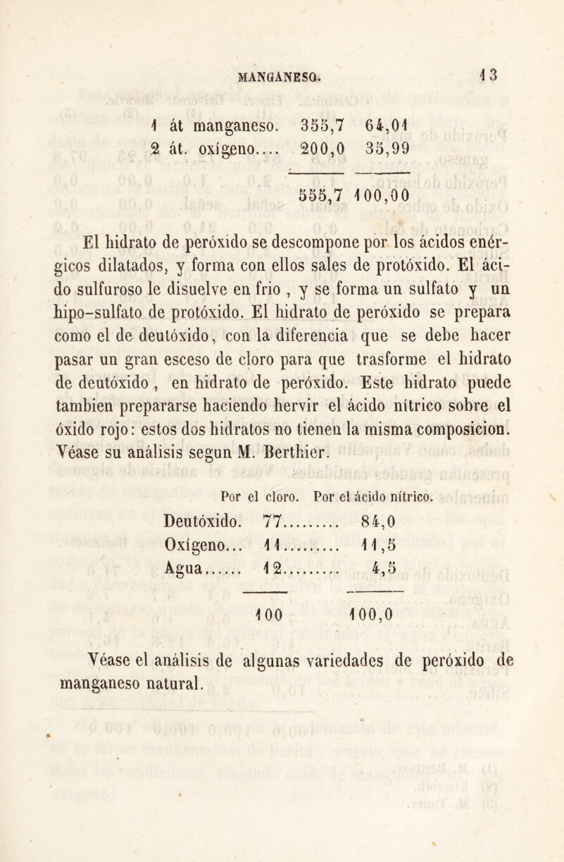 1 át manganeso. 355,7 64,01 2 át. oxígeno.... 200,0 35,99 555,7 100,00 El hidrato de peróxido se descompone por los ácidos enér- gicos dilatados, y forma con ellos sales de protóxido. El áci- do sulfuroso le disuelve en frió , y se forma un sulfato y un hipo-sulfato de protóxido. El hidrato de peróxido se prepara como el de deulóxido, con la diferencia que se debe hacer pasar un gran esceso de cloro para que trasforme el hidrato de deutóxido, en hidrato de peróxido. Este hidrato puede también prepararse haciendo hervir el ácido nítrico sobre el óxido rojo: estos dos hidratos no tienen la misma composición. Yéase su análisis según M. Berthier. Por el cloro. Por el ácido nítrico. Deutóxido. 77.... 84,0 Oxígeno... 11.... ..... 11,5 Agua 12,... 4,5 100 100,0 Véase el análisis de algunas variedades de peróxido de manganeso natural.