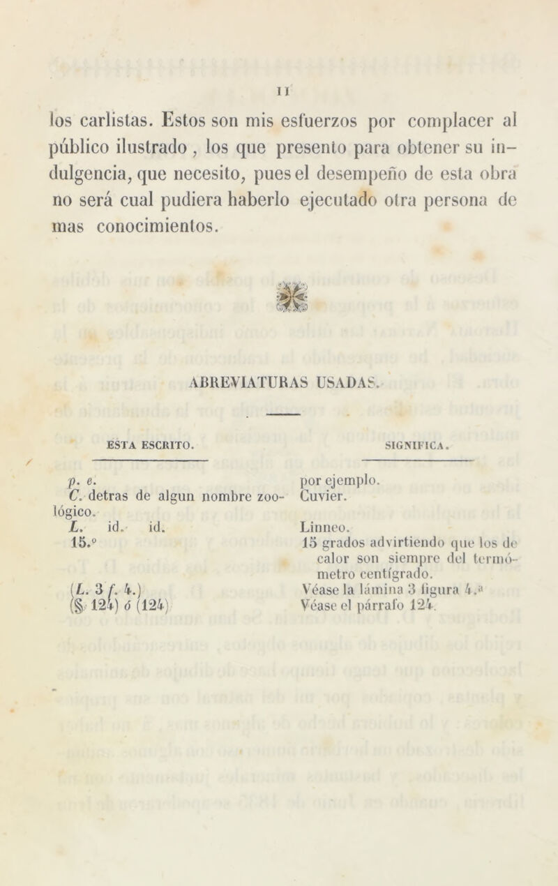 I i los carlistas. Estos son mis esfuerzos por complacer al público ilustrado , los que presenio para obtener su in- dulgencia, que necesito, pues el desempeño de esta obra no será cual pudiera haberlo ejecutado otra persona de mas conocimientos. ESTA ESCRITO. SIGNIFICA. p. e. C. detras de algún nombre zoo- por ejemplo. Cuvier. lógico. L, id. id. 15.° Linneo. 15 grados advirtiendo que los de calor son siempre del termó- metro centígrado. (L. 3 f. 4.) (§ 124) ó (124) Véase la lámina 3 iigura 4.“ Véase el párrafo 124.