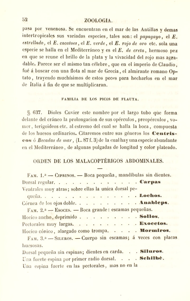 pasa por venenosa. Se encuentran en el mar de las Antillas y demas intertropicales sus variadas especies, tales son: el papagayo, el E. estrellado, el E. cacatoes, el E. verde, el E. rojo de oro etc. sola una especie se halla en el Mediterráneo y es el E. de creta, hermoso pez en que se reúne el brillo de la plata y la vivacidad del rojo mas agra- dable. Parece ser el mismo tan célebre, que en el imperio de Claudio, fué á buscar con una flota al mar de Grecia, el almirante romano Op- iato , trayendo muchísimos de estos peces para hecharlos en el mar de Italia á fin de que se multiplicaran. FAMILIA DE LOS PICOS DE FLAUTA. § 637. Dioles Cuvier este nombre por el largo tubo que forma delante del cráneo la prolongación de sus opérculos, preopérculos , vo- mer, terigoideos etc. al estremo del cual se halla la boca, compuesta de los huesos ordinarios. Citaremos entre sus géneros los Centris- e»« ó Becadas de mar, (L. 87 f. 3) de la cual hay una especie abundante en el Mediterráneo, de algunas pulgadas de longitud y color plateado. ORDEN DE LOS MALACOPTÉRIGOS ABDOMINALES. Favi. I.» — Ciprinos. — Boca pequeña, mandíbulas sin dientes. Dorsal regular Carpas Ventrales muy atras; sobre ellas la única dorsal pe- queña Cochos. Córnea de los ojos doble Aualilep». Fam. 2.a — Esoces. — Boca grande: escamas pequeñas. Hocico ancho, deprimido Sollos. Pectorales muy largas Exocetos. Hocico cónico, alargado como trompa llormiros. Fam. 3.a — Siluros.—Cuerpo sin escamas; á veces con placas huesosas. Dorsal pequeña sin espinas; dientes en carda. . . Siluros. Una fuerte espina por primer radio dorsal. . . . Scliill»6. Una espina fuerte en las pectorales, mas no en la