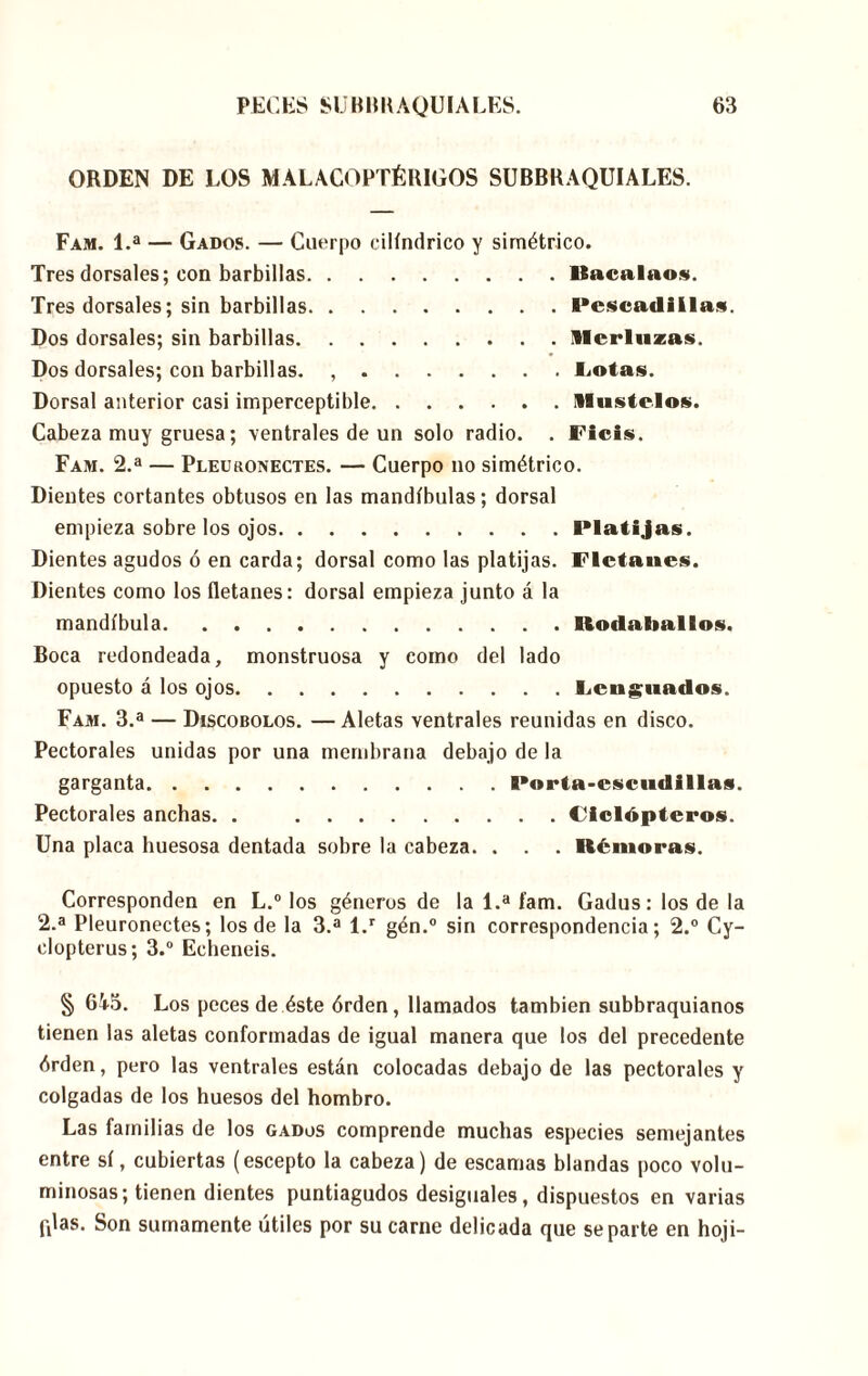 ORDEN DE LOS MALACOPTÉU1GOS SUBBRAQUIALES. Fam. 1.a — Gados. — Cuerpo cilindrico y simétrico. Tres dorsales; con barbillas Bacalao*. Tres dorsales; sin barbillas Pescadiilas. Dos dorsales; sin barbillas Merluzas. Dos dorsales; con barbillas. , Fotas. Dorsal anterior casi imperceptible Mustelos. Cabeza muy gruesa; ventrales de un solo radio. . Fiéis. Fam. 2.a — Pleuronectes. — Cuerpo no simétrico. Dientes cortantes obtusos en las mandíbulas; dorsal empieza sobre los ojos Platijas. Dientes agudos ó en carda; dorsal como las platijas. Flctanes. Dientes como los fletanes: dorsal empieza junto á la mandíbula Rodaballos. Boca redondeada, monstruosa y como del lado opuesto á los ojos Lenguados. Fam. 3.a — Discóbolos. — Aletas ventrales reunidas en disco. Pectorales unidas por una membrana debajo de la garganta Porta-escudillas. Pectorales anchas. . Ficlópteros. Una placa huesosa dentada sobre la cabeza. . . . Remoras. Corresponden en L.° los géneros de la 1.a fam. Gadus: los de la 2.a Pleuronectes; los de la 3.a l.r gén.° sin correspondencia; 2.° Cy- clopterus; 3.° Echeneis. § 6i3. Los peces de éste órden, llamados también subbraquianos tienen las aletas conformadas de igual manera que los del precedente órden, pero las ventrales están colocadas debajo de las pectorales y colgadas de los huesos del hombro. Las familias de los gados comprende muchas especies semejantes entre sí, cubiertas (escepto la cabeza) de escamas blandas poco volu- minosas; tienen dientes puntiagudos desiguales, dispuestos en varias f,las. Son sumamente útiles por su carne delicada que se parte en hoji-