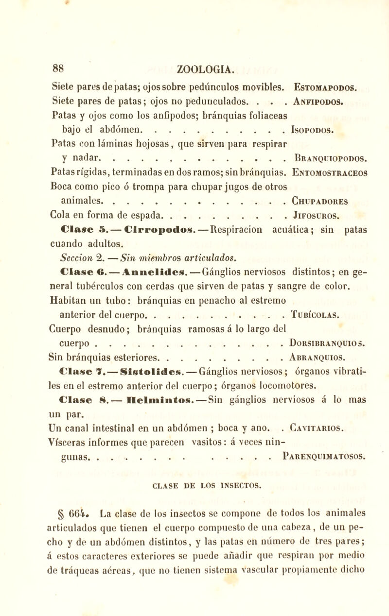 Siete pares de patas; ojos sobre pedúnculos movibles. Estomapodos. Siete pares de patas; ojos no pedunculados. . . . Anfipodos. Patas y ojos como los anfipodos; bránquias foliáceas bajo el abdomen Isopodos. Patas con láminas hojosas, que sirven para respirar y nadar Branquiopodos. Patas rígidas, terminadas en dos ramos; sin bránquias. Entomostraceos Boca como pico ó trompa para chupar jugos de otros animales Chupadores Cola en forma de espada Jifosuros. Clase 5. — Cirropodos.— Respiración acuática; sin patas cuando adultos. Sección 2. — Sin miembros articulados. Clase 6. — Annclidcs.—Gánglios nerviosos distintos; en ge- neral tubérculos con cerdas que sirven de patas y sangre de color. Habitan un tubo: bránquias en penacho al estremo anterior del cuerpo Tubícolas. Cuerpo desnudo; bránquias ramosas á lo largo del cuerpo Dorsibranquios. Sin bránquias esteriores Abranquios. Clase 7.— Sistolidcs. — Gánglios nerviosos; órganos vibráti- les en el estremo anterior del cuerpo; órganos locomotores. Clase 8.— Helmintos.—Sin gánglios nerviosos á lo mas un par. Un canal intestinal en un abdómen ; boca y ano. . Cavitarios. Visceras informes que parecen vasitos: á veces nin- gunas Parenquimatosos. CLASE DE LOS INSECTOS. § 664* La clase de los insectos se compone de todos los animales articulados que tienen el cuerpo compuesto de una cabeza, de un pe- cho y de un abdómen distintos, y las patas en número de tres pares; á estos caracteres exteriores se puede añadir que respiran por medio de tráqueas aéreas, que no tienen sistema vascular propiamente dicho