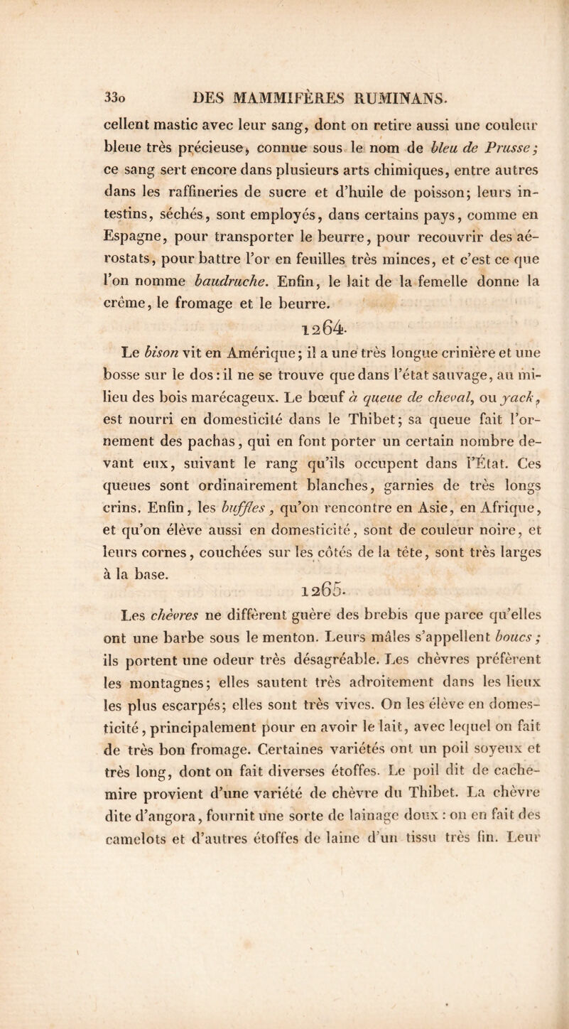 cellent mastic avec leur sang, dont on retire aussi une couleur • i bleue très précieuse > connue sous le nom de bleu de Prusse ; ce sang sert encore dans plusieurs arts chimiques, entre autres dans les raffineries de sucre et d’huile de poisson; leurs in- testins, séchés, sont employés, dans certains pays, comme en Espagne, pour transporter le beurre, pour recouvrir des aé- rostats, pour battre l’or en feuilles très minces, et c’est ce que l’on nomme baudruche. Enfin, le lait de la femelle donne la crème, le fromage et le beurre. 1264 Le bison vit en Amérique ; il a une très longue crinière et une bosse sur le dos: il ne se trouve que dans l’état sauvage, au mi- lieu des bois marécageux. Le bœuf à queue de cheval, ou yack, est nourri en domesticité dans le Thibet; sa queue fait l’or- nement des pachas, qui en font porter un certain nombre de- vant eux, suivant le rang qu’ils occupent dans l’Etat. Ces queues sont ordinairement blanches, garnies de très longs crins. Enfin , les buffles, qu’on rencontre en Asie, en Afrique, et qu’on élève aussi en domesticité, sont de couleur noire, et leurs cornes, couchées sur les côtés de la tête, sont très larges à la base. 1265. Les chèvres ne diffèrent guère des brebis que parce qu’elles ont une barbe sous le menton. Leurs mâles s’appellent boucs ; ils portent une odeur très désagréable. Les chèvres préfèrent les montagnes; elles sautent très adroitement dans les lieux les plus escarpés; elles sont très vives. On les élève en domes- ticité , principalement pour en avoir le lait, avec lequel on fait de très bon fromage. Certaines variétés ont un poil soyeux et très long, dont on fait diverses étoffes. Le poil dit de cache- mire provient d’une variété de chèvre du Thibet. La chèvre dite d’angora, fournit une sorte de lainage doux : 011 en fait des camelots et d’autres étoffes de laine d’un tissu très fin. Leur