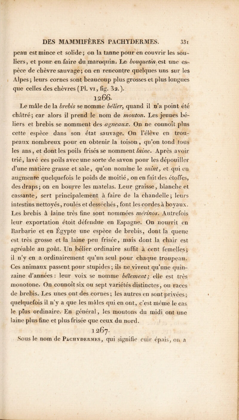 peau est mince et solide; on la tanne pour en couvrir les sou- liers, et pour en faire du maroquin. Le bouquetin est une es^> pèce de chèvre sauvage ; on en rencontre quelques uns sur les Alpes ; leurs cornes sont beaucoup plus grosses et plus longues que celles des chèvres (Pl. vi, fig. 32.). 1266. Le mâle de la brebis se nomme bélier, quand il n’a point été châtré; car alors il prend le nom de mouton. Les jeunes bé- liers et brebis se nomment des agneaux. On ne connoît plus cette espèce dans son état sauvage. On l’élève en trou- peaux nombreux pour en obtenir la toison, qu’on tond tous les ans, et dont les poils frisés se nomment laine. Après avoir trié, lavé ces poils avec une sorte de savon pour les dépouiller d’une matière grasse et sale, qu’on nomme le suint, et qui en augmente quelquefois le poids de moitié, on en fait des étoffes, des draps; on en bourre les matelas. Leur graisse, blanche et cassante, sert principalement à faire de la chandelle; leurs intestins nettoyés, roulés et desséchés, font les cordes à boyaux. Les brebis à laine très fine sont nommées mérinos. Autrefois leur exportation étoit défendue en Espagne. On nourrit en Barbarie et en Égypte une espèce de brebis, dont la queue est très grosse et la laine peu frisée, mais dont la chair est agréable au goût. Un bélier ordinaire suffit à cent femelles; il n’y en a ordinairement qu’un seul pour chaque troupeau. Ces animaux passent pour stupides; ils ne vivent qu’une quin- zaine d’années : leur voix se nomme bêlement; elle est très monotone. On connoît six ou sept variétés distinctes, ou races de brebis. Les unes ont des cornes; les autres en sont privées; quelquefois il n’y a que les mâles qui en ont, c’est meme le cas le plus ordinaire. En général, les moutons du midi ont une laine plus fine et plus frisée que ceux du nord. I 1267. Sous le nom de Pachydermes, qui signifie cuir épais, on a