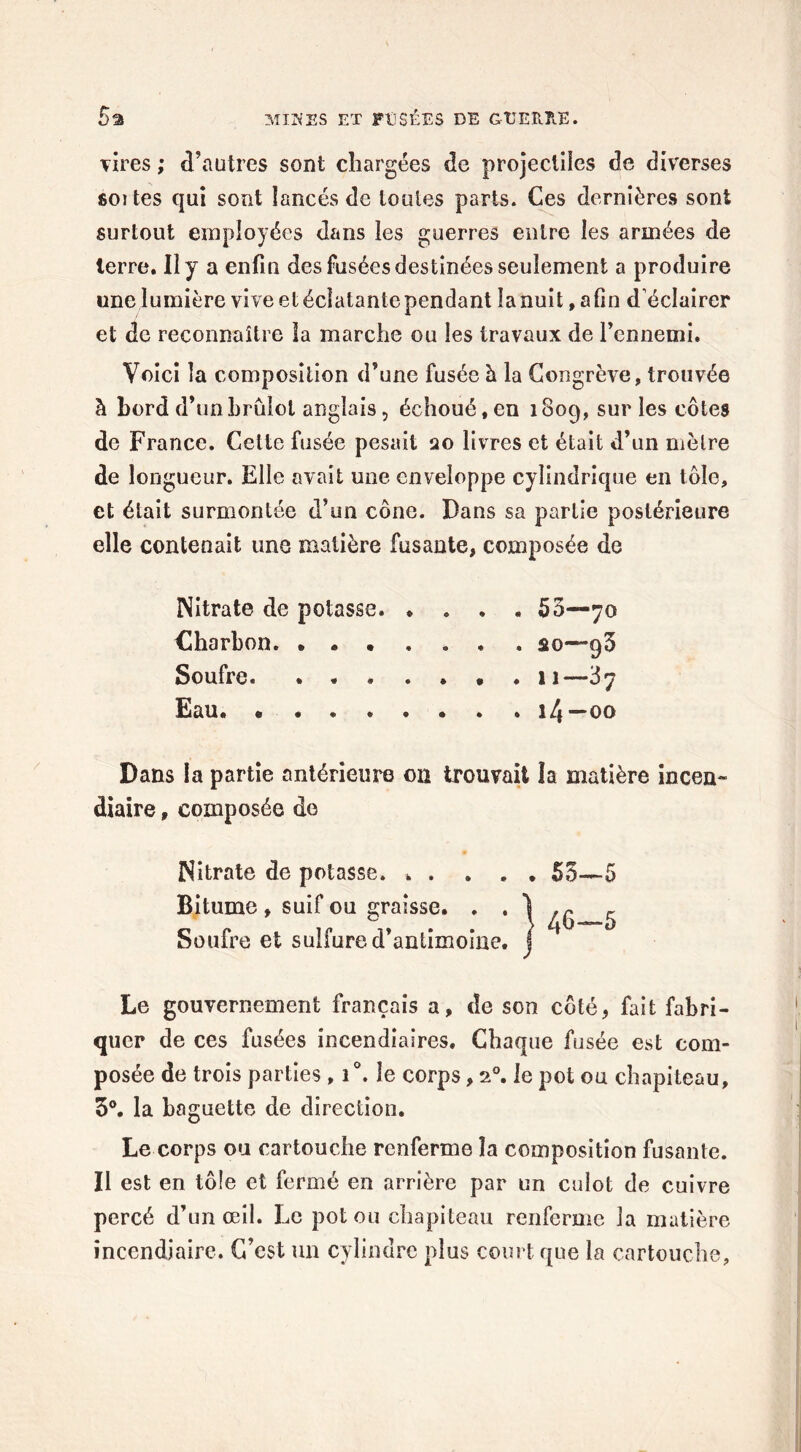 5a MINES ET FUSÉES DE GUERRE. vires ; d’autres sont chargées de projectiles de diverses soi tes qui sont lancés de toutes parts. Ces dernières sont surtout employées dans les guerres entre les armées de terre. Il y a enfin des fusées destinées seulement a produire une lumière vive et éclatante pendant la nuit, afin d’éclairer et de reconnaître la marche ou les travaux de l’ennemi. Voici la composition d’une fusée à la Congrève, trouvée à bord d’un brûlot anglais, échoué, en 1809, sur les côtes de France. Cette fusée pesait 20 livres et était d’un mètre de longueur. Elle avait une enveloppe cylindrique en tôle, et était surmontée d’un cône. Dans sa partie postérieure elle contenait une matière fusante, composée de Nitrate de potasse. .... 55—70 Charbon. s0—93 Soufre. * « « . » • « 11 ■■■' 3 7 Eau. « . 14 —00 Dans la partie antérieure on trouvait la matière incen- diaire , composée de Nitrate de potasse. ..... 55—5 Bitume , suif ou graisse. . . Soufre et sulfure d’antimoine. Le gouvernement français a, de son côté, fait fabri- quer de ces fusées incendiaires. Chaque fusée est com- posée de trois parties , i°. le corps, 20. le pot ou chapiteau, 5°. la baguette de direction. Le corps ou cartouche renferme îa composition fusante. Il est en tôle et fermé en arrière par un culot de cuivre percé d’un œil. Le pot ou chapiteau renferme îa matière incendiaire. C’est un cylindre plus court que la cartouche,