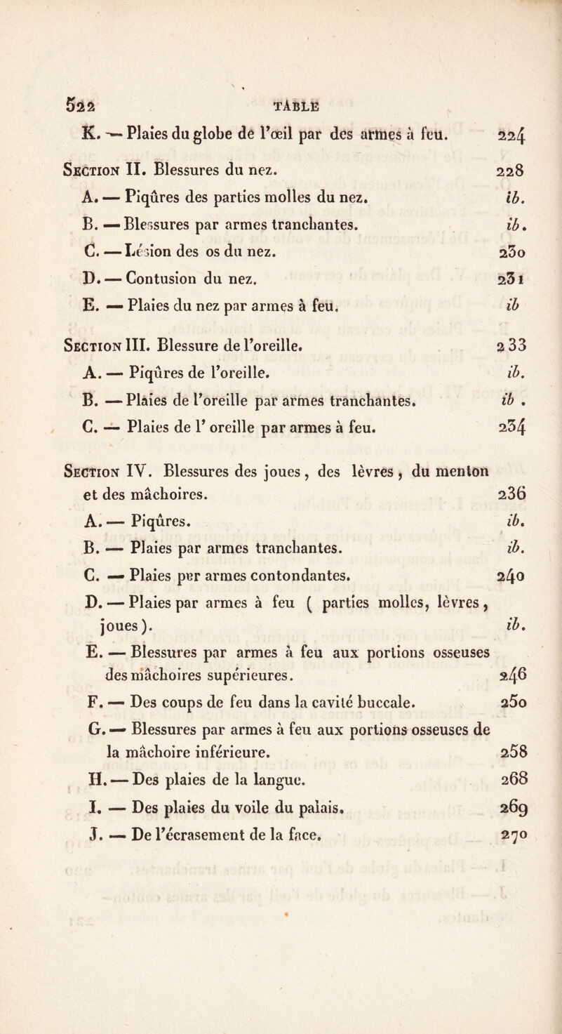 K. Plaies du globe de l’œil par des armes à fett. 224 Section II. Blessures du nez. 228 A. — Piqûres des parties molles du nez. ib. B. — Blessures par armes tranchantes. ib» G. —Lésion des os du nez. 25o D. — Contusion du nez. 231 E. — Plaies du nez par armes à feu. ib Section III. Blessure de l’oreille. 2 33 A. — Piqûres de l’oreille. ib. B. —Plaies de l’oreille par armes tranchantes. ib » C. — Plaies de 1’ oreille par armes à feu. 234 Section IV. Blessures des joues, des lèvres , du menton et des mâchoires. 236 A. — Piqûres. ib» B. — Plaies par armes tranchantes. ib. C. — Plaies per armes contondantes. 240 D. — Plaies par armes à feu ( parties molles, lèvres, joues). ib. E. — Blessures par armes à feu aux portions osseuses des mâchoires supérieures. $4^ F. — Des coups de feu dans la cavité buccale. 25o G. — Blessures par armes à feu aux portions osseuses de la mâchoire inférieure. 258 H. — Des plaies de la langue. 268 I. — Des plaies du voile du palais. 269 J. — De l’écrasement de la face, 270