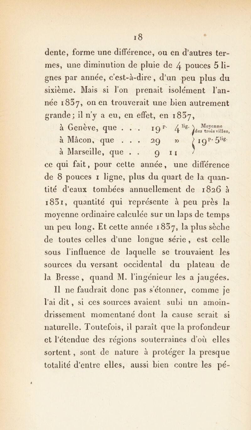 dente, forme une différence, ou en d’autres ter- mes, une diminution de pluie de 4 pouces 5 li- gnes par année, c’est-à-dire, d’un peu plus du sixième. Mais si l’on prenait isolément l’an- née 1887, on en trouverait une bien autrement grande; il n’y a eu, en effet, en 1887, à Genève, que ... i9 r- 4Iig- «U à Mâcon, que ... 29 » ^igp,5lis à Marseille, que . . 9 11 ce qui fait, pour cette année, une différence de 8 pouces 1 ligne, plus du quart de la quan- tité d’eaux tombées annuellement de 1826 à i83i, quantité qui représente à peu près la moyenne ordinaire calculée sur un laps de temps un peu long. Et cette année 1887, la plus sèche de toutes celles d’une longue série , est celle sous l’influence de laquelle se trouvaient les sources du versant occidental du plateau de la Bresse, quand M. l’ingénieur les a jaugées. Il ne faudrait donc pas s’étonner, comme je l’ai dit, si ces sources avaient subi un amoin- drissement momentané dont la cause serait si naturelle. Toutefois, il paraît que la profondeur et l’étendue des régions souterraines d’où elles sortent , sont de nature à protéger la presque totalité d’entre elles, aussi bien contre les pé- 4