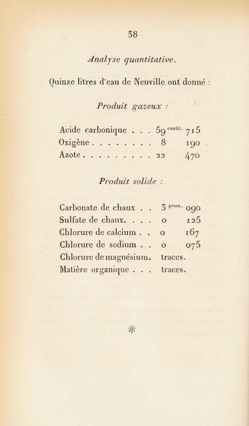Analyse quantitative. Quinze litres d’eau de Neuville ont donné Produit gazeux : Acide carbonique . . gg centil. 715 Oxigène . 8 190 Azote ........ 470 Produit solide : Carbonate de chaux . . 5 gram. 090 Sulfate de chaux. . . . O 125 Chlorure de calcium . . O 167 Chlorure de sodium . . O 075 Chlorure de magnésium. traces • Matière organique . . . traces •