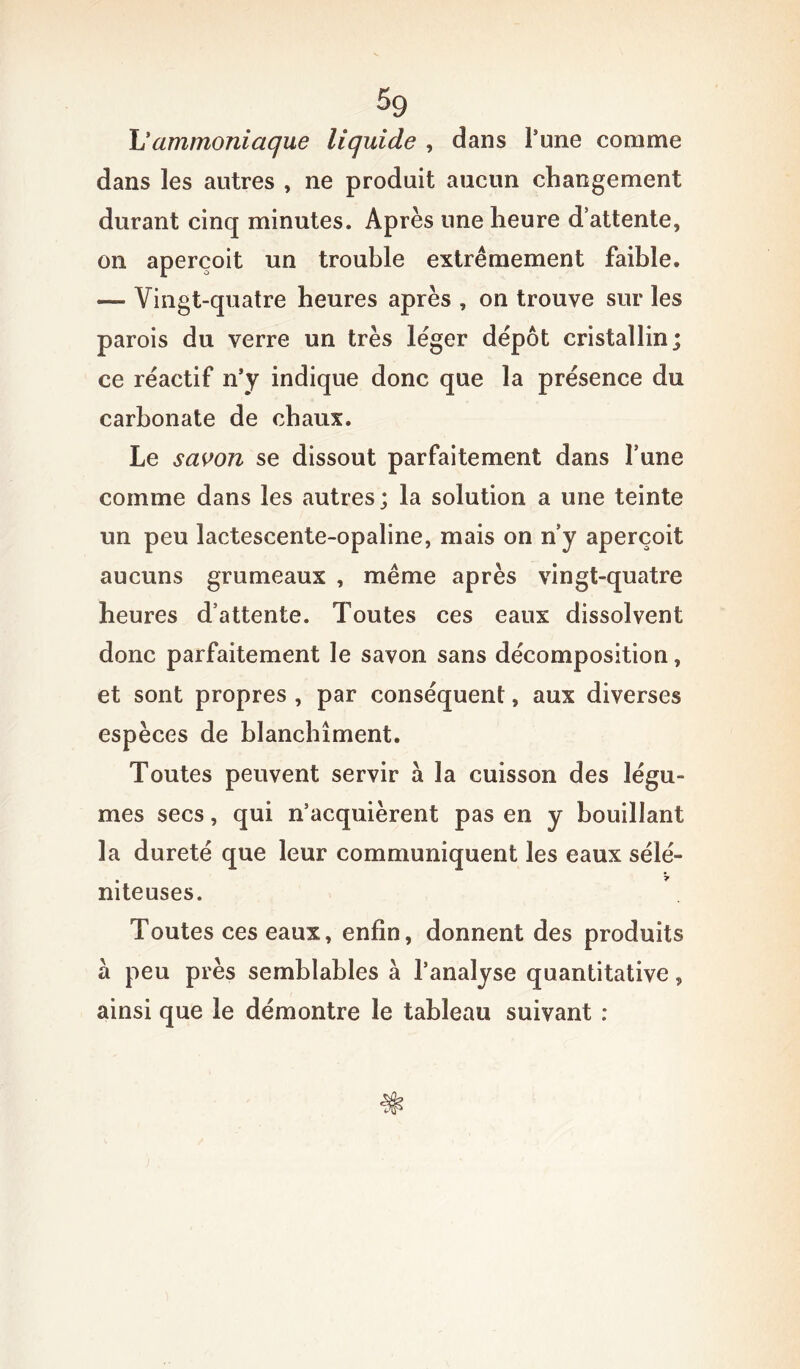 5g L’ammoniaque liquide , dans l’une comme dans les autres , ne produit aucun changement durant cinq minutes. Après une heure d’attente, on aperçoit un trouble extrêmement faible. — Vingt-quatre heures après , on trouve sur les parois du verre un très léger dépôt cristallin; ce réactif n’y indique donc que la présence du carbonate de chaux. Le savon se dissout parfaitement dans Tune comme dans les autres; la solution a une teinte un peu lactescente-opaline, mais on n y aperçoit aucuns grumeaux , même après vingt-quatre heures d’attente. Toutes ces eaux dissolvent donc parfaitement le savon sans décomposition, et sont propres , par conséquent, aux diverses espèces de blanchiment. Toutes peuvent servir à la cuisson des légu- mes secs, qui n’acquièrent pas en y bouillant la dureté que leur communiquent les eaux sélé- niteuses. Toutes ces eaux, enfin, donnent des produits à peu près semblables à l’analyse quantitative, ainsi que le démontre le tableau suivant :